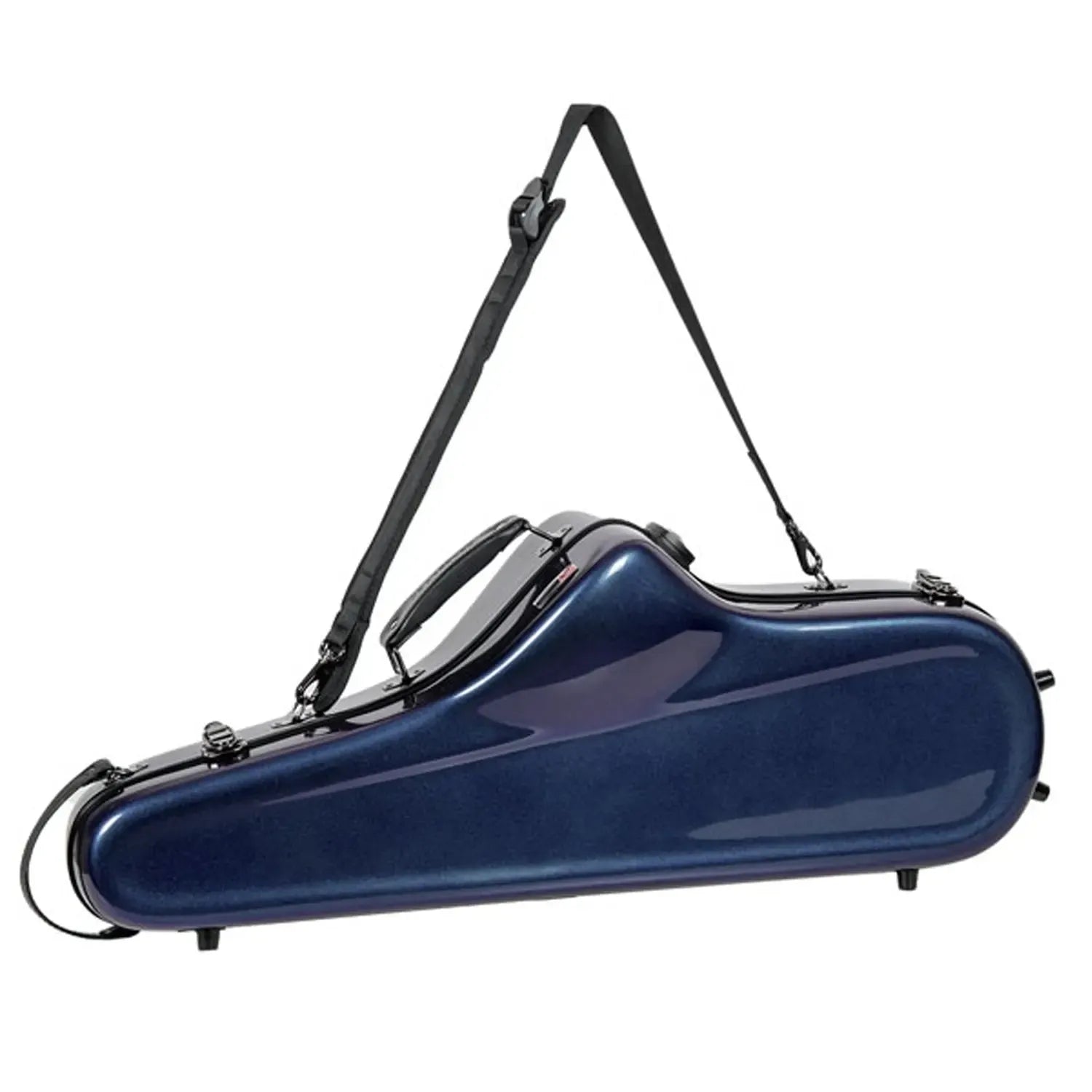 Crossrock CRF1020TS fiberglass tenor saxophone case in glossy Illusion-Blue with shoulder strap.