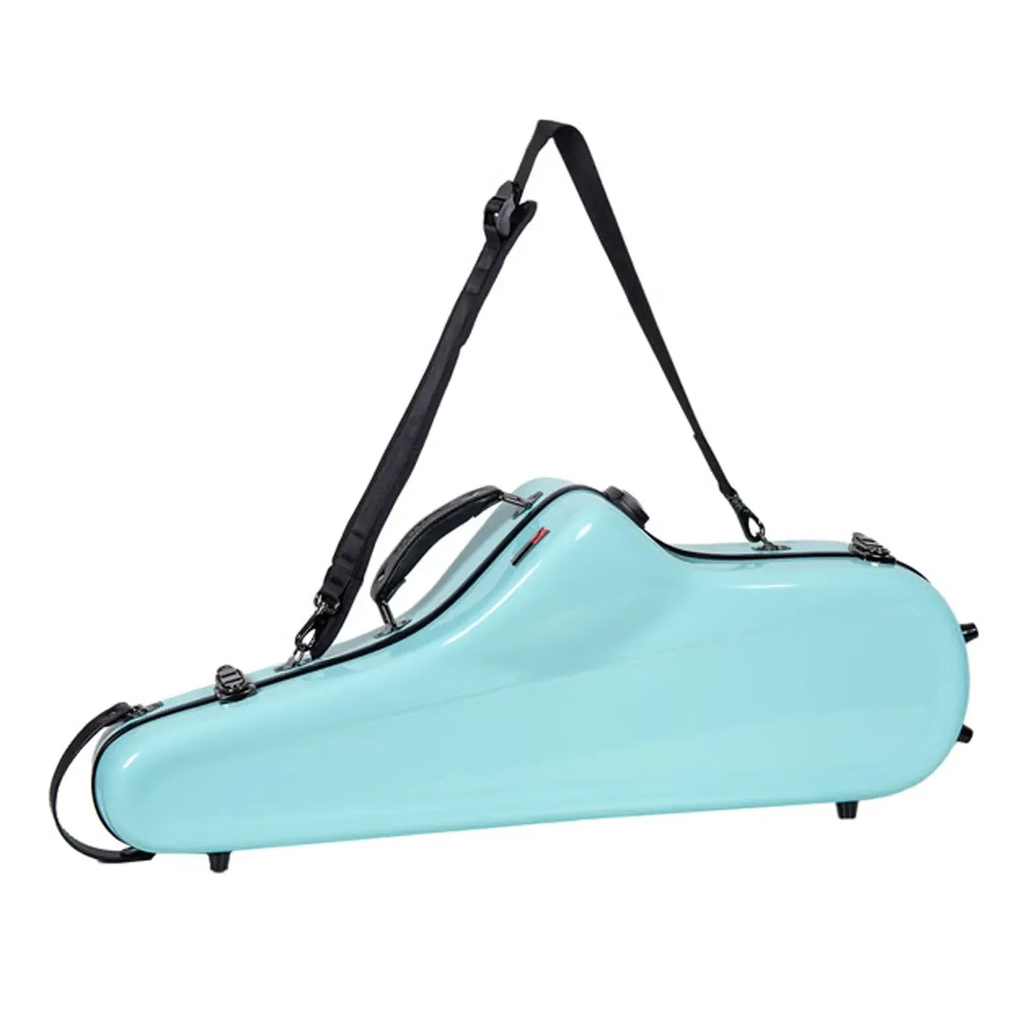 Crossrock CRF1020TS light-blue fiberglass tenor saxophone case with black straps and handle.