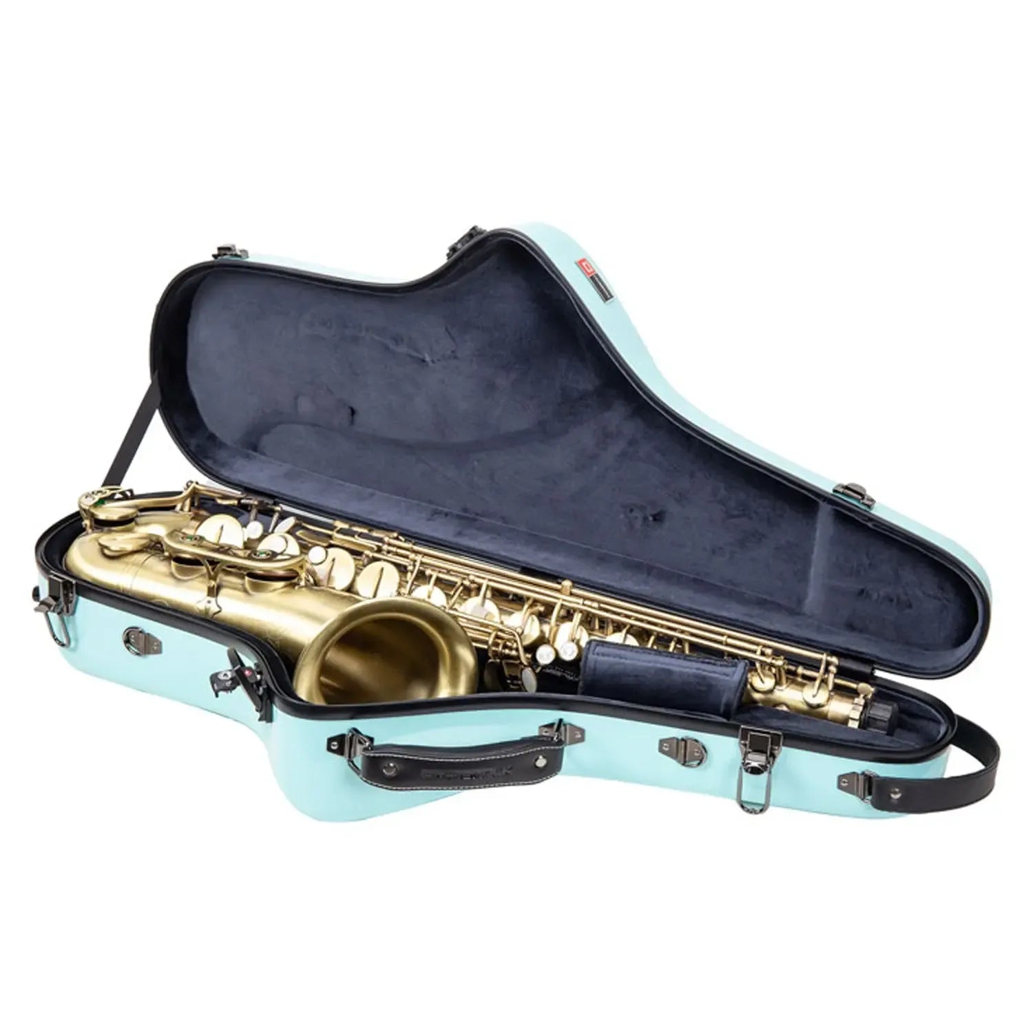 Light-blue Crossrock fiberglass tenor saxophone case with a gold saxophone inside, dark grey lining.