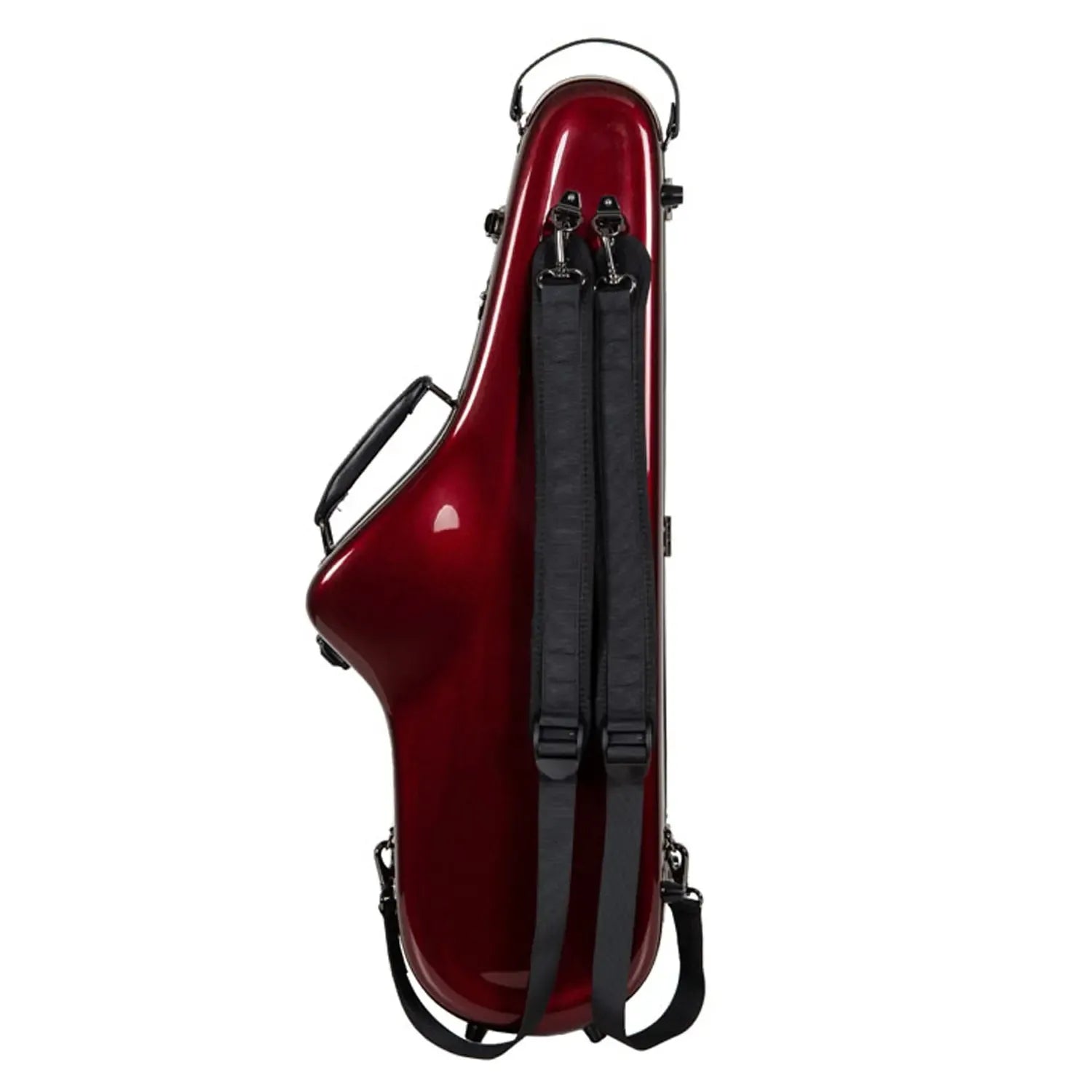 Crossrock CRF1020TS red glossy fiberglass tenor saxophone case with black straps and handle.