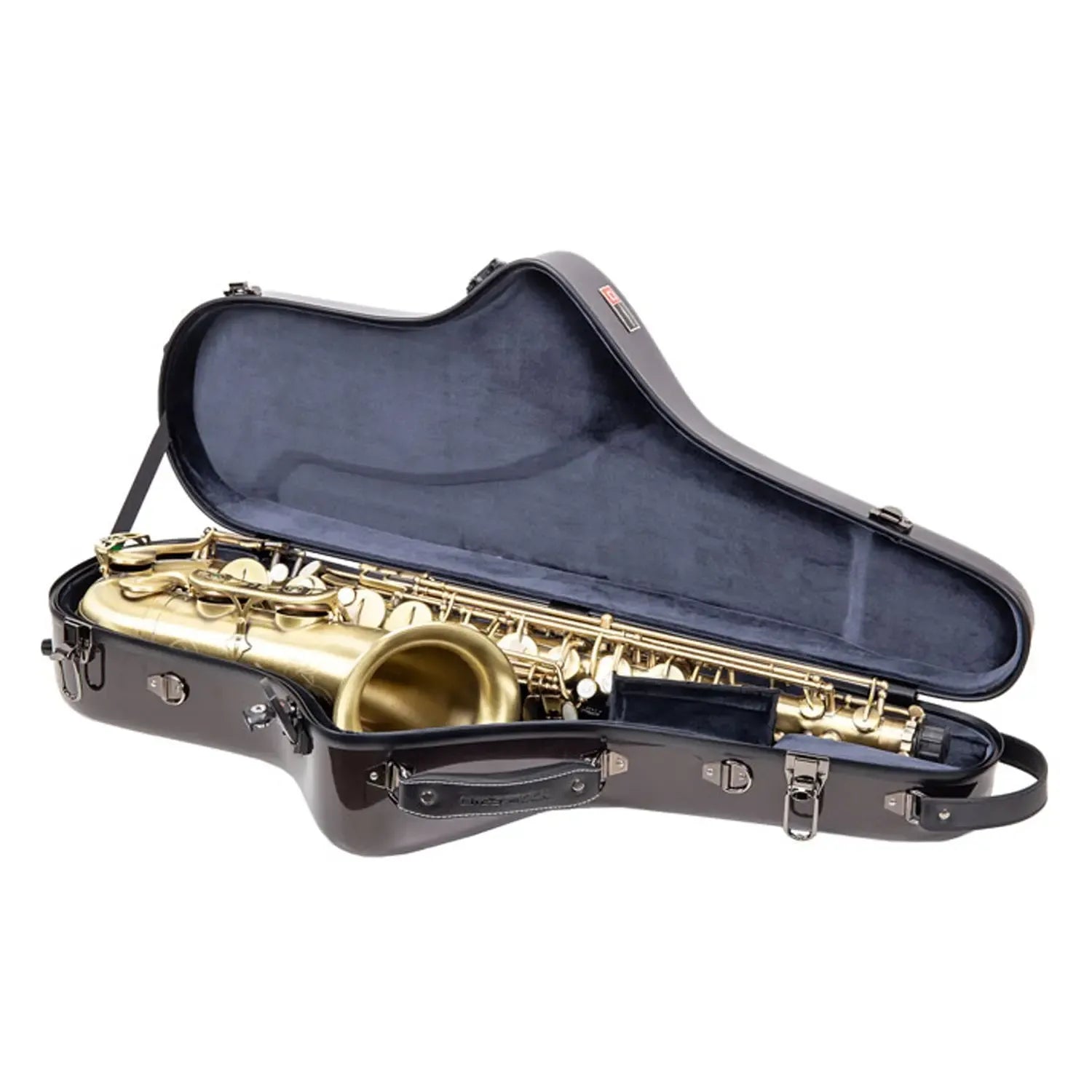 Crossrock CRF1020TS Space-Gray fiberglass tenor saxophone case, open with a brass saxophone inside.