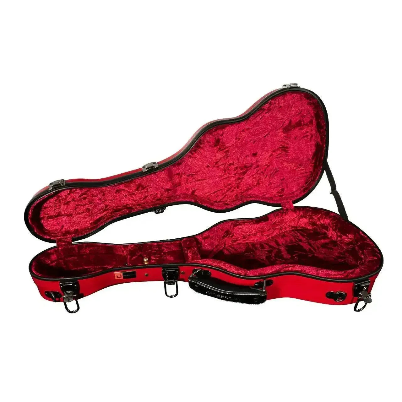 Crossrock red fiberglass tenor ukulele hardshell case with plush red velvet interior.