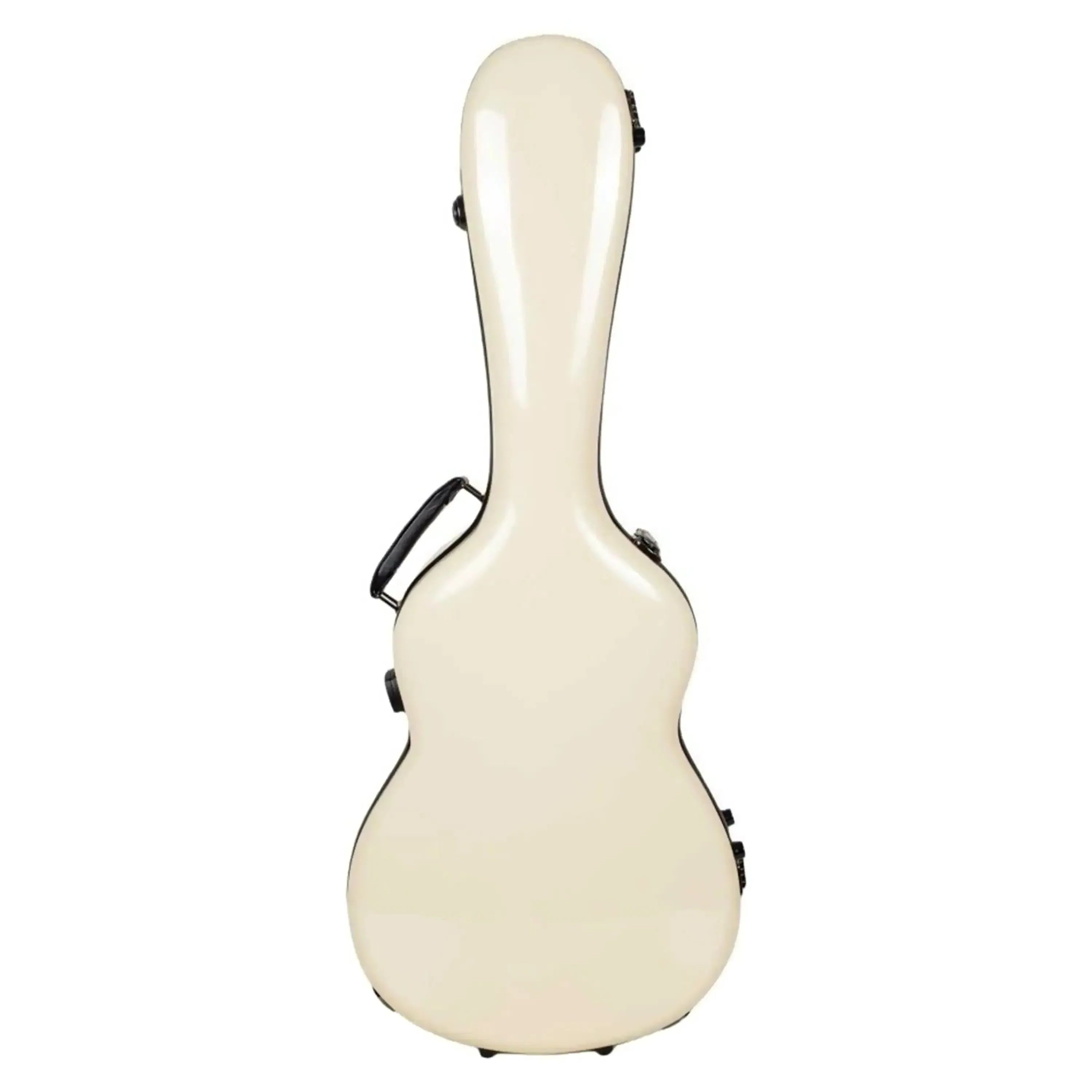 Crossrock 000 style acoustic guitar fiberglass case in ivory with black trim and handle.