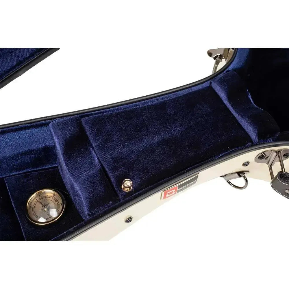 Crossrock 000 style acoustic guitar fiberglass case interior, ivory exterior, navy velvet lining, hygrometer.