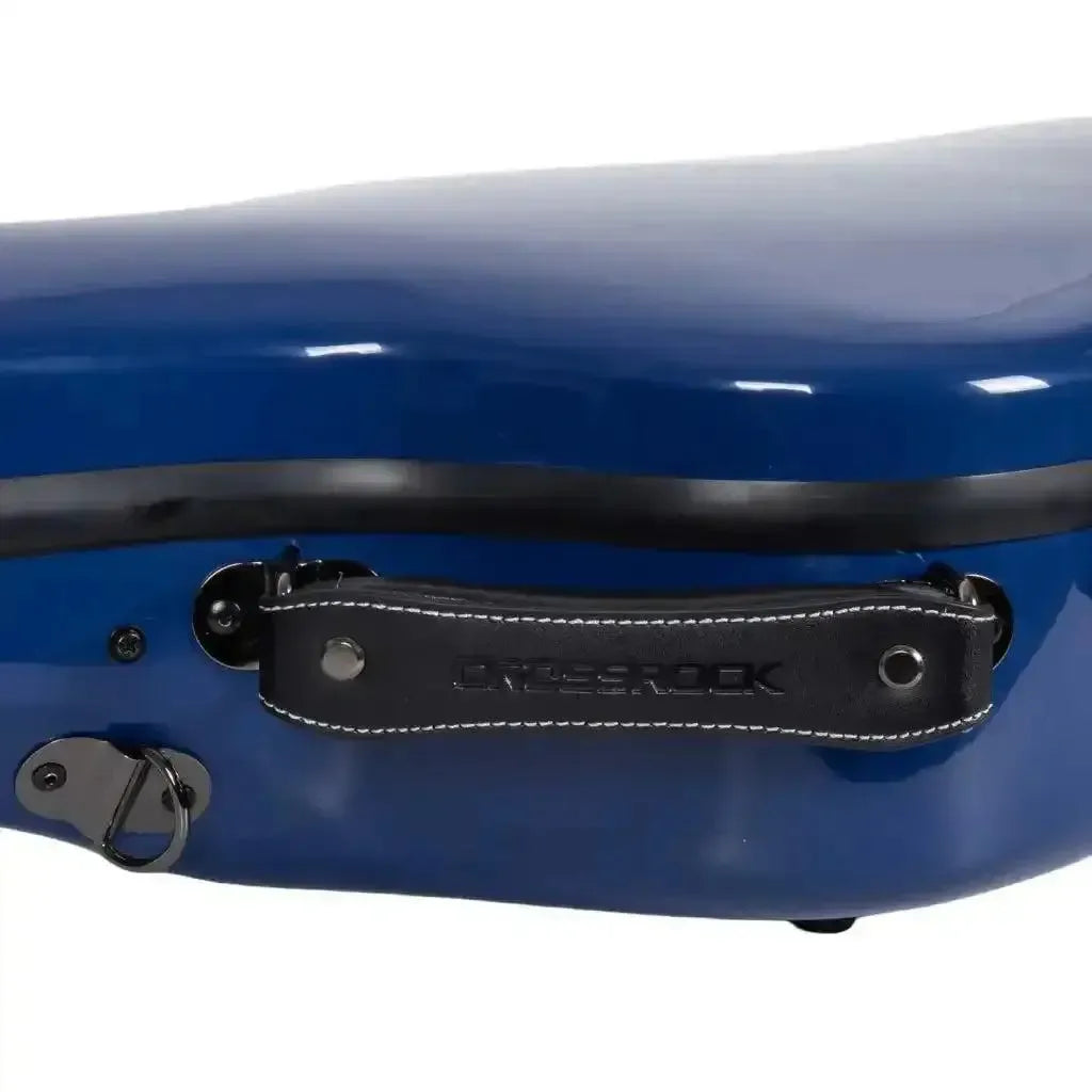 Crossrock navy blue fiberglass acoustic guitar case with black handle and white stitching.