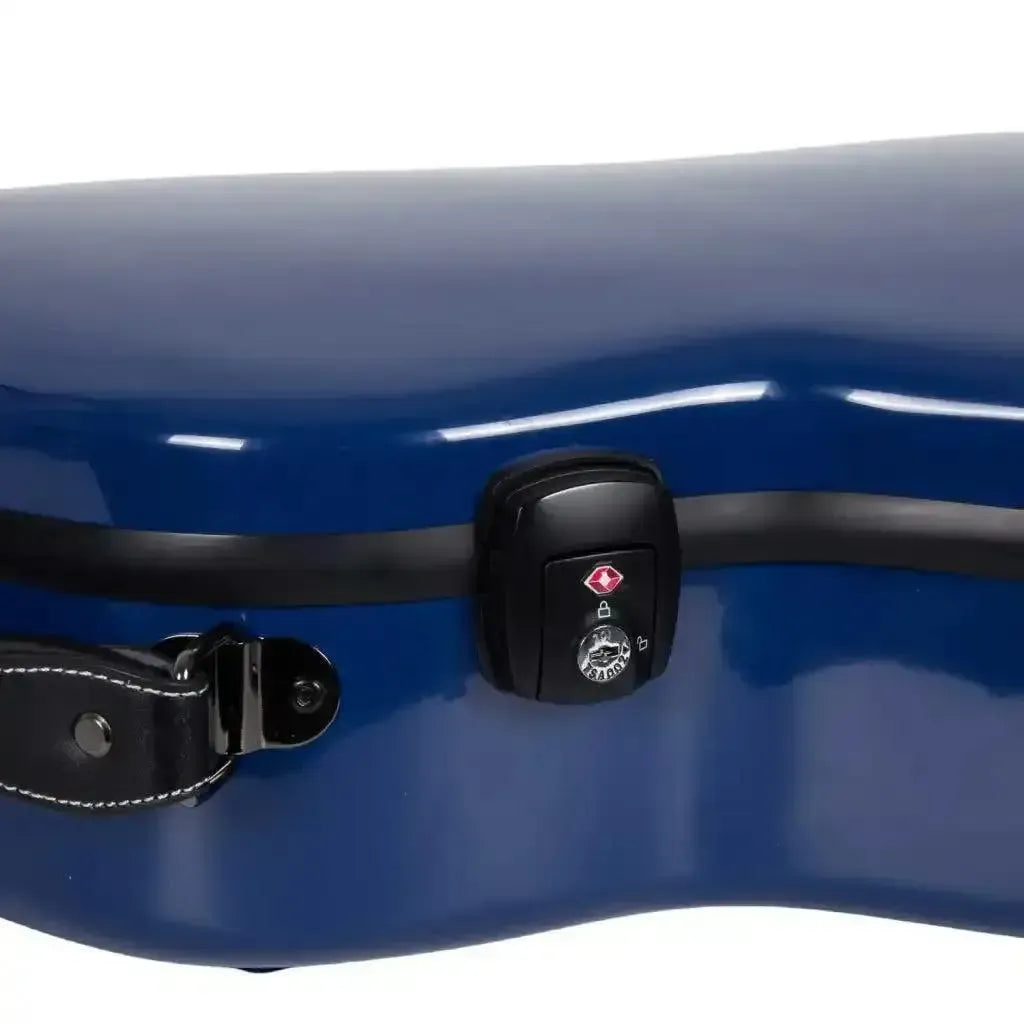 Crossrock navy blue fiberglass acoustic guitar case with a black TSA lock and handle.
