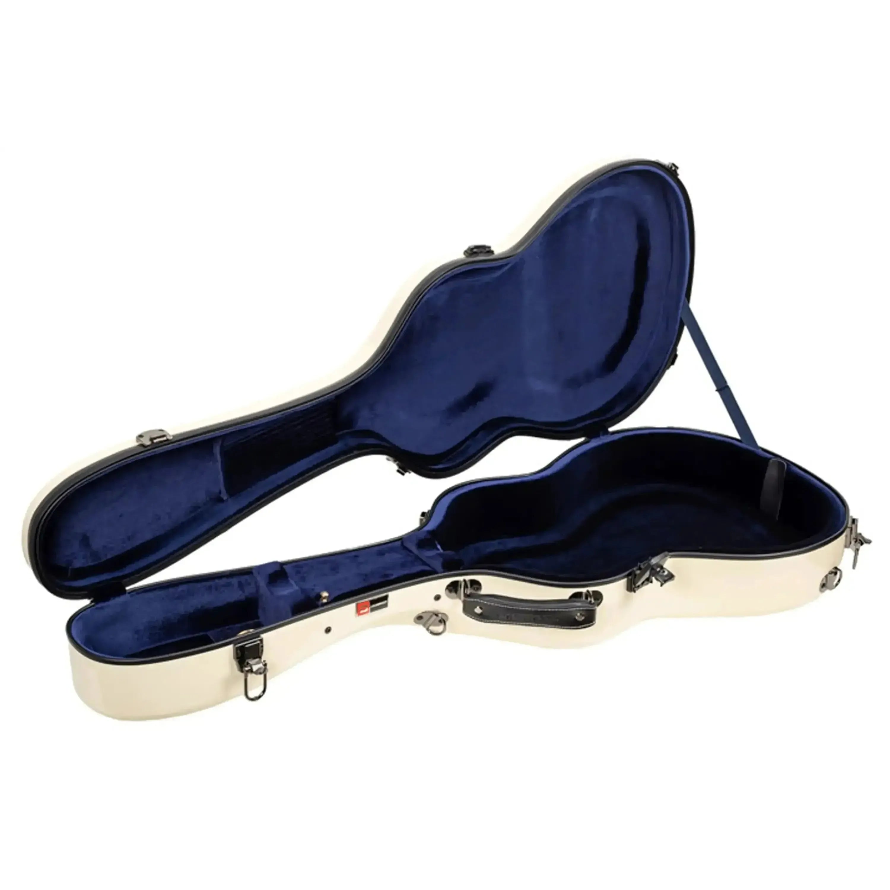 Crossrock ivory fiberglass acoustic guitar case for 00 style, open with blue velvet interior.