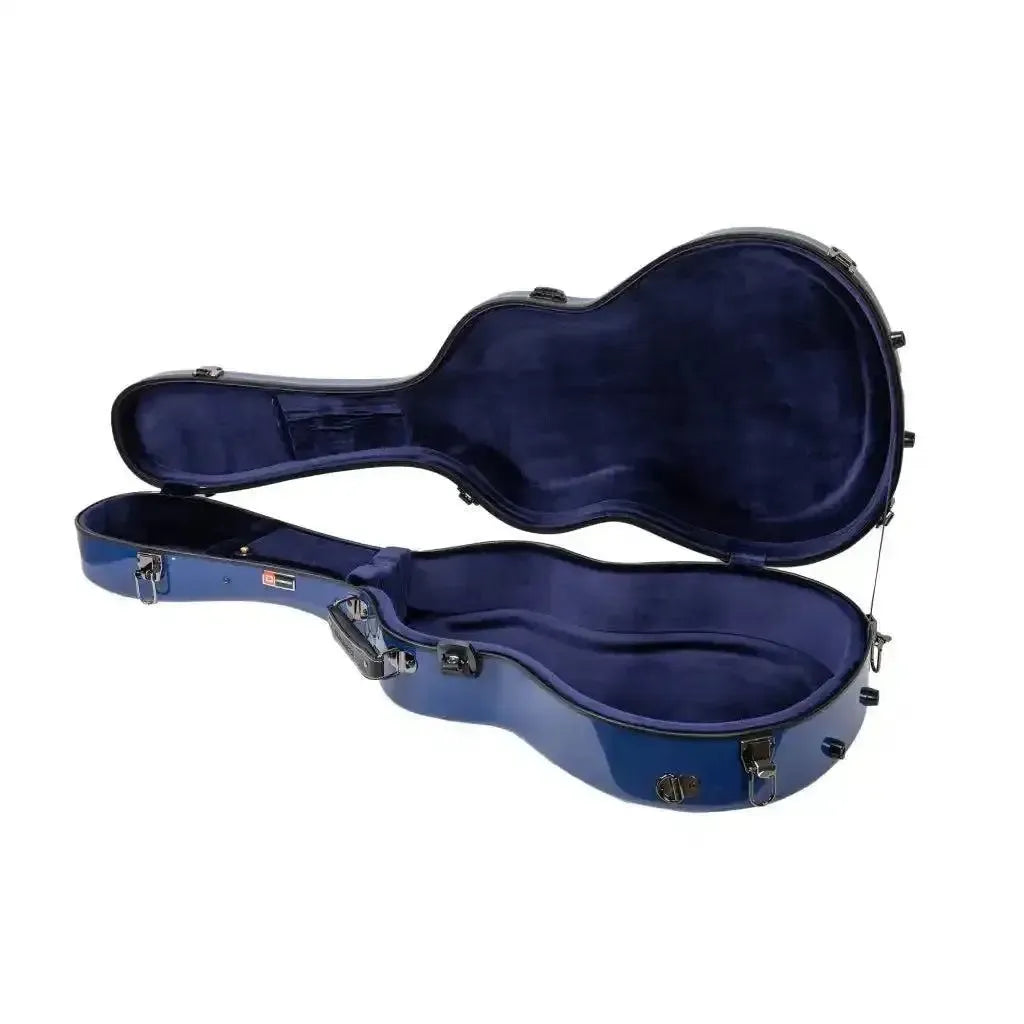 Crossrock navy blue fiberglass acoustic guitar case for 00 style, open with plush interior.