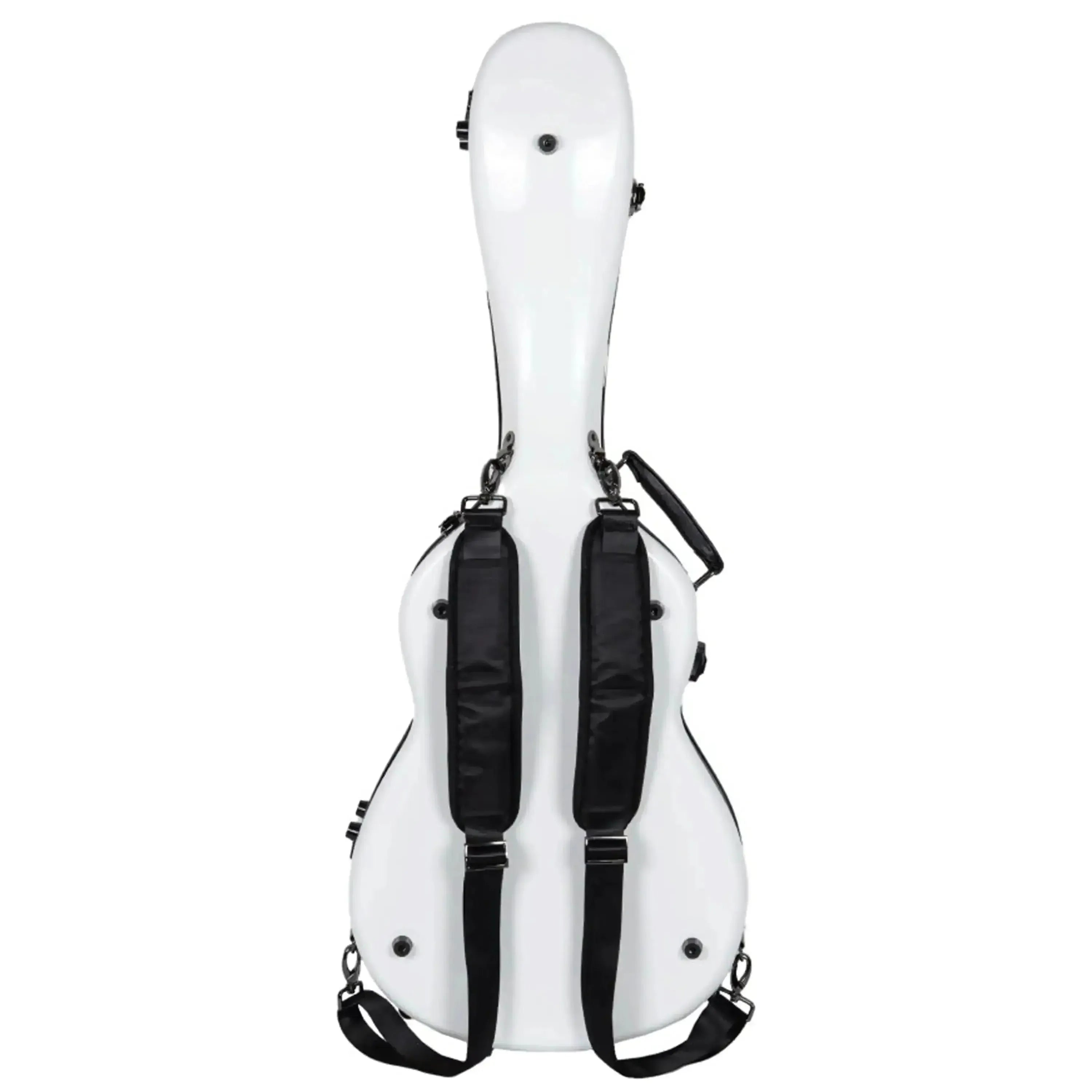 Crossrock white fiberglass acoustic guitar case for 00 style, with black backpack straps.