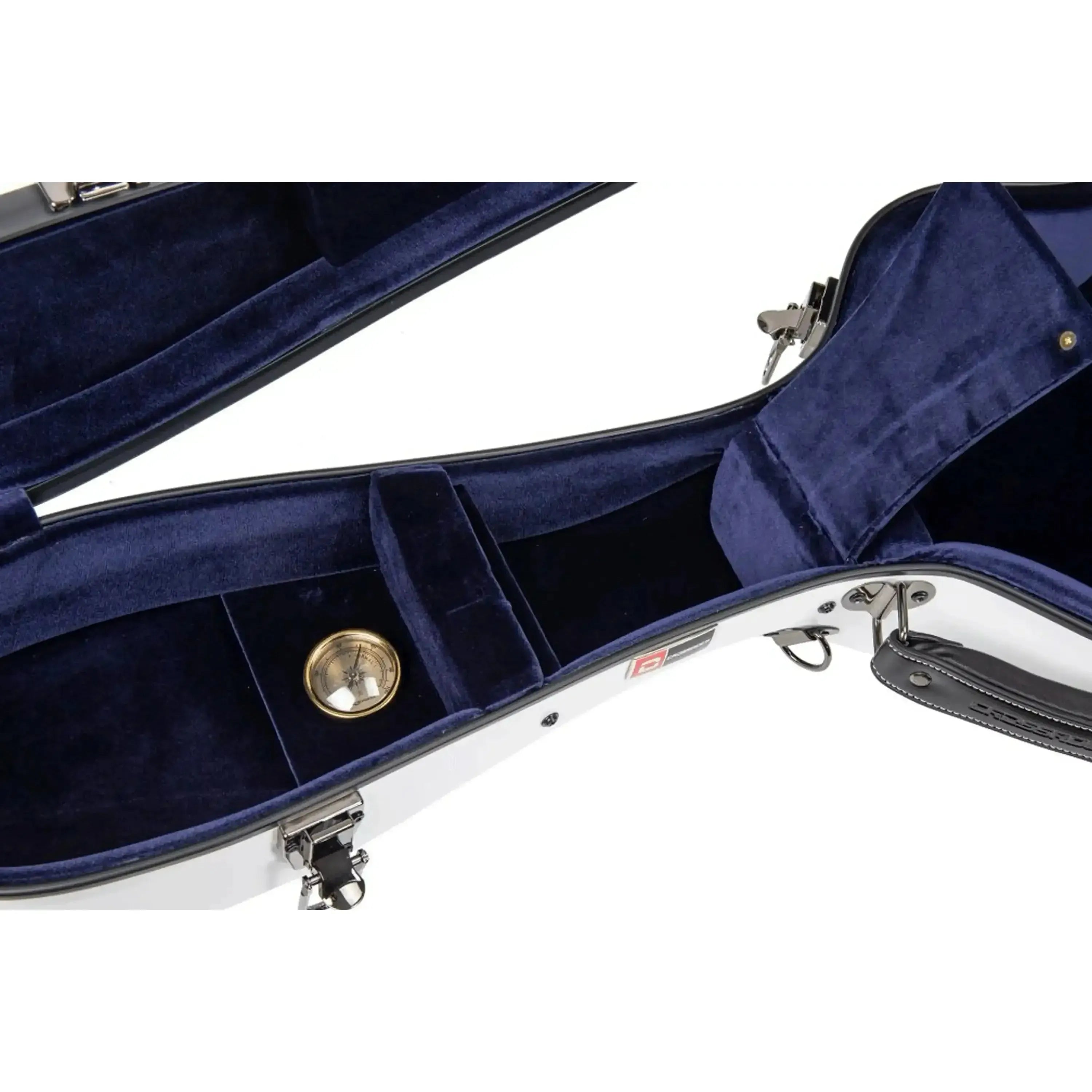 Open white Crossrock fiberglass acoustic guitar case with deep blue velvet interior and accessory compartments.