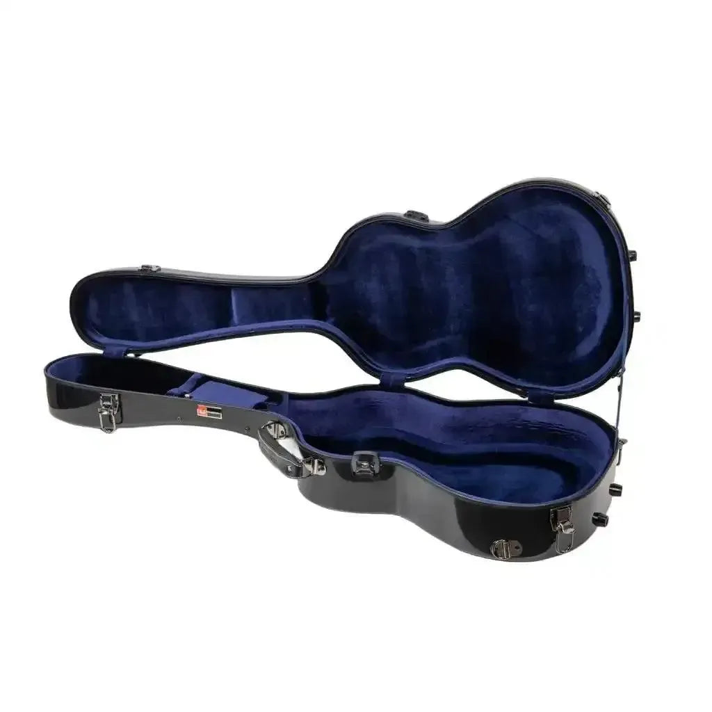 Crossrock Torres 3/4 classical guitar case, black fiberglass exterior with plush blue interior.