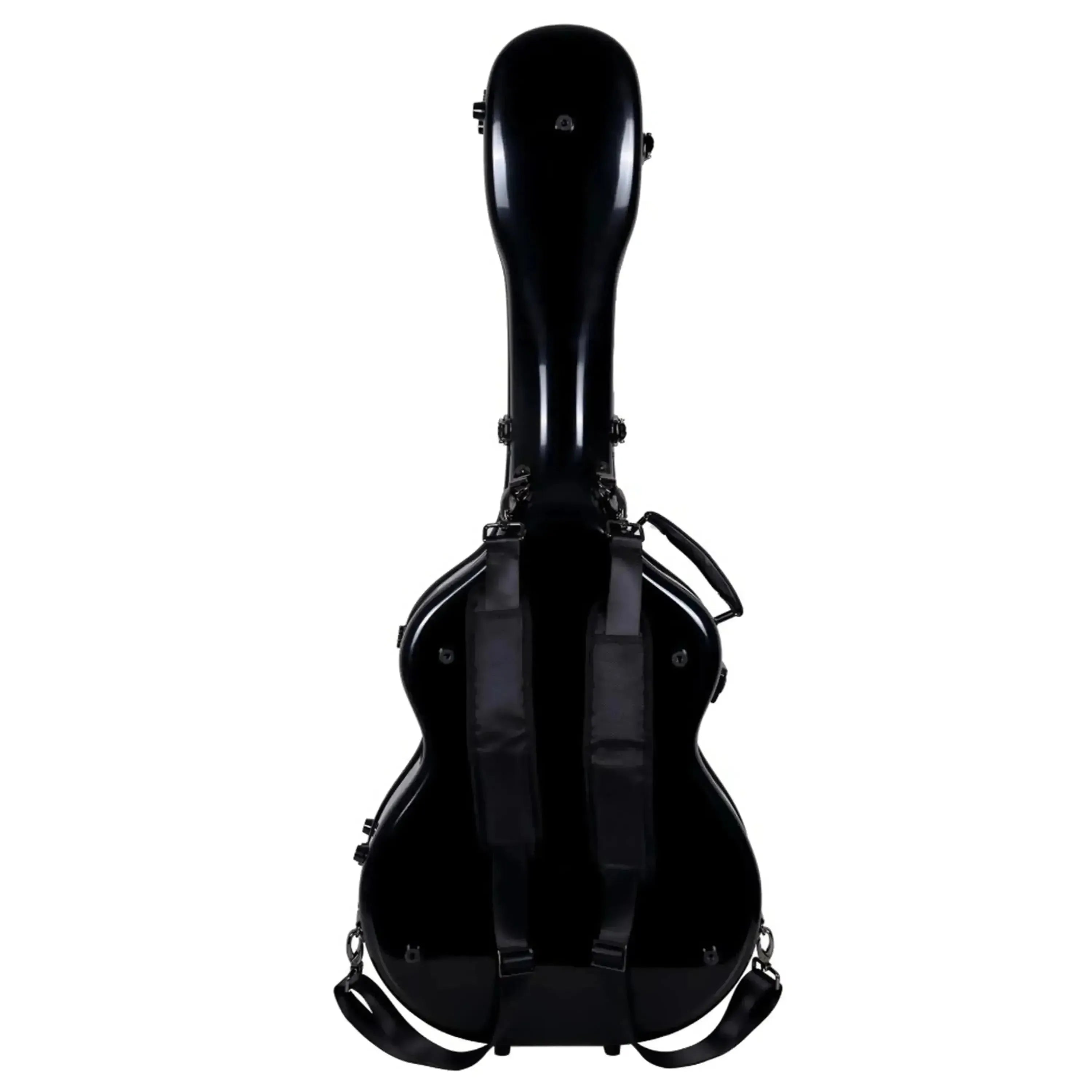 Crossrock black fiberglass acoustic guitar case with backpack straps, front view.