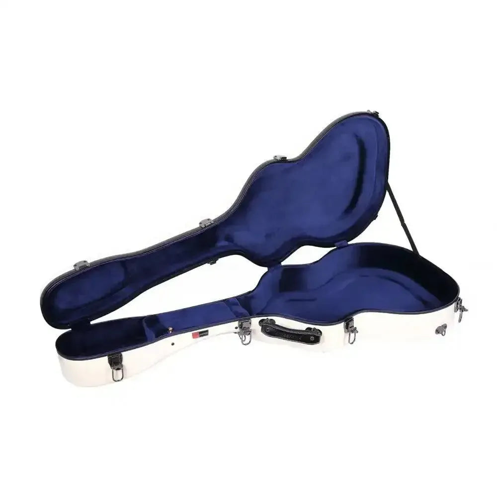 Crossrock CRF2020GAIV ivory fiberglass acoustic guitar case with open lid revealing blue padded interior.