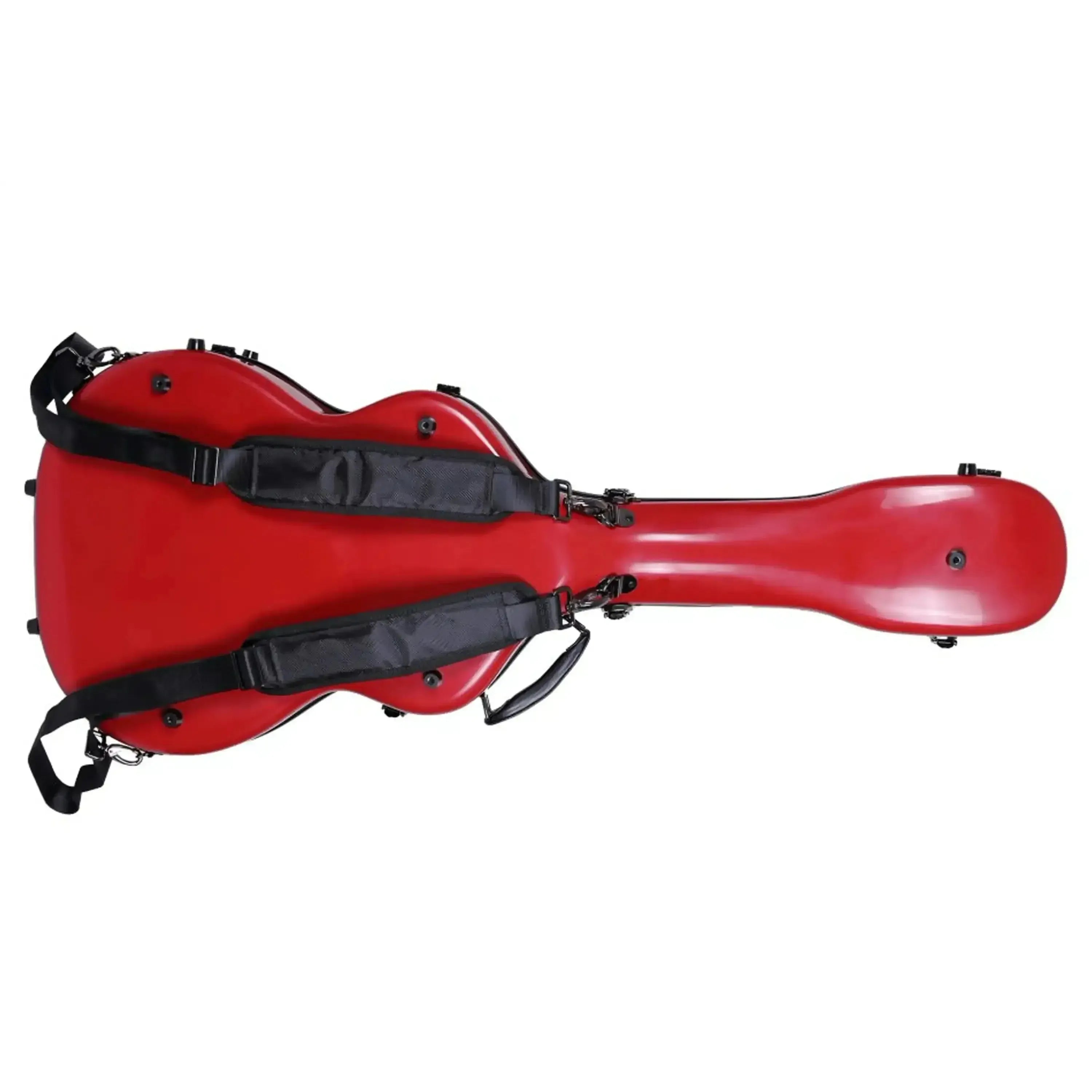 Crossrock red fiberglass acoustic guitar case with black padded backpack straps.