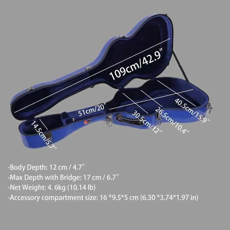 Open Crossrock CRF2020GARD blue fiberglass acoustic guitar case with interior dimensions labeled.