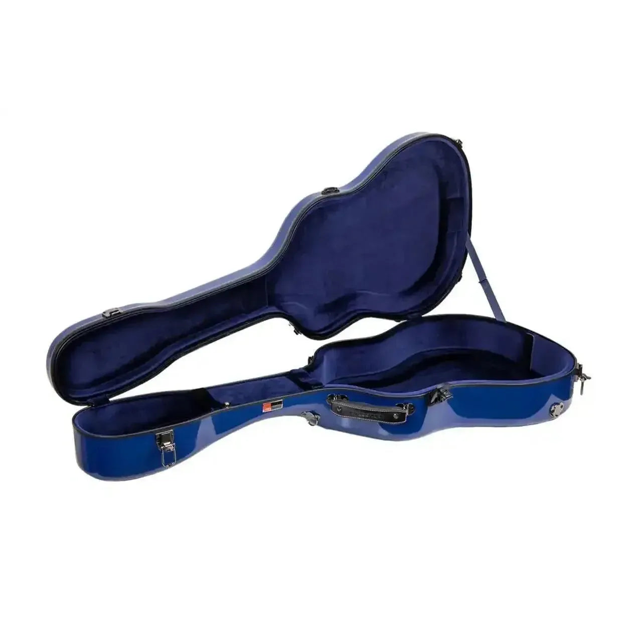 Crossrock CRF2020J45 blue jumbo dreadnought fiberglass guitar case, open with plush blue interior.