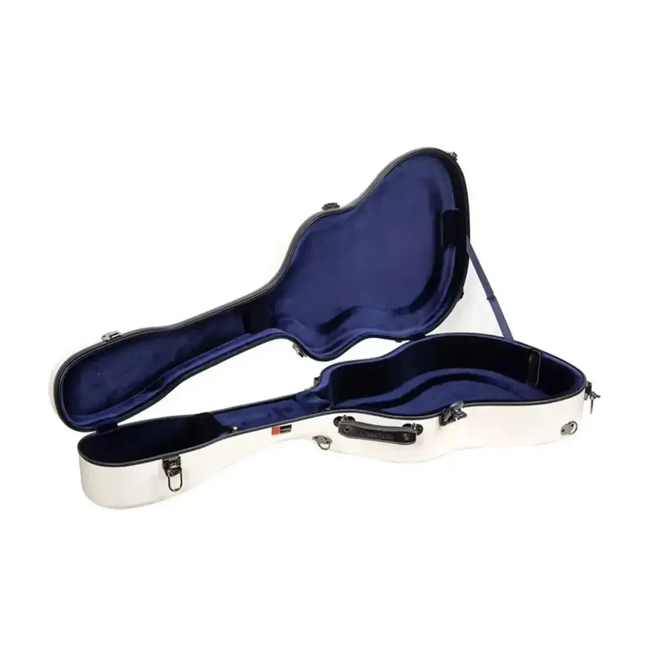Crossrock milk white fiberglass jumbo dreadnought guitar case, open with blue velvet interior.