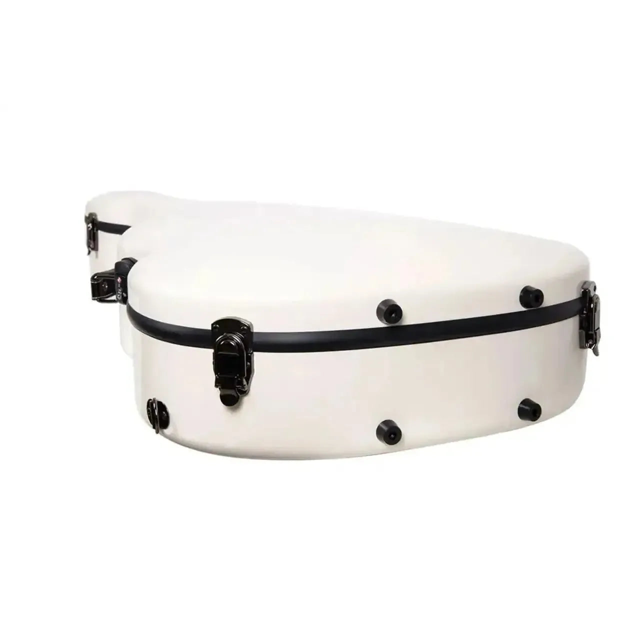 Crossrock milk white jumbo dreadnought fiberglass guitar case with black latches and feet.