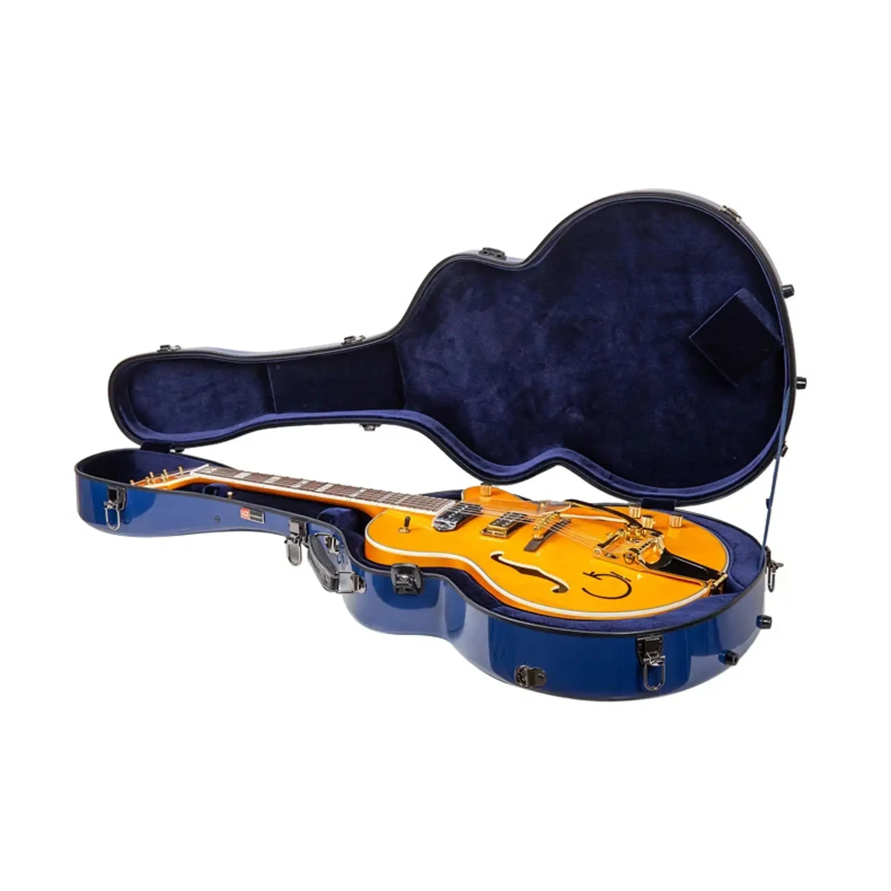 Blue Crossrock fiberglass archtop guitar case open with a yellow hollow-body guitar inside.