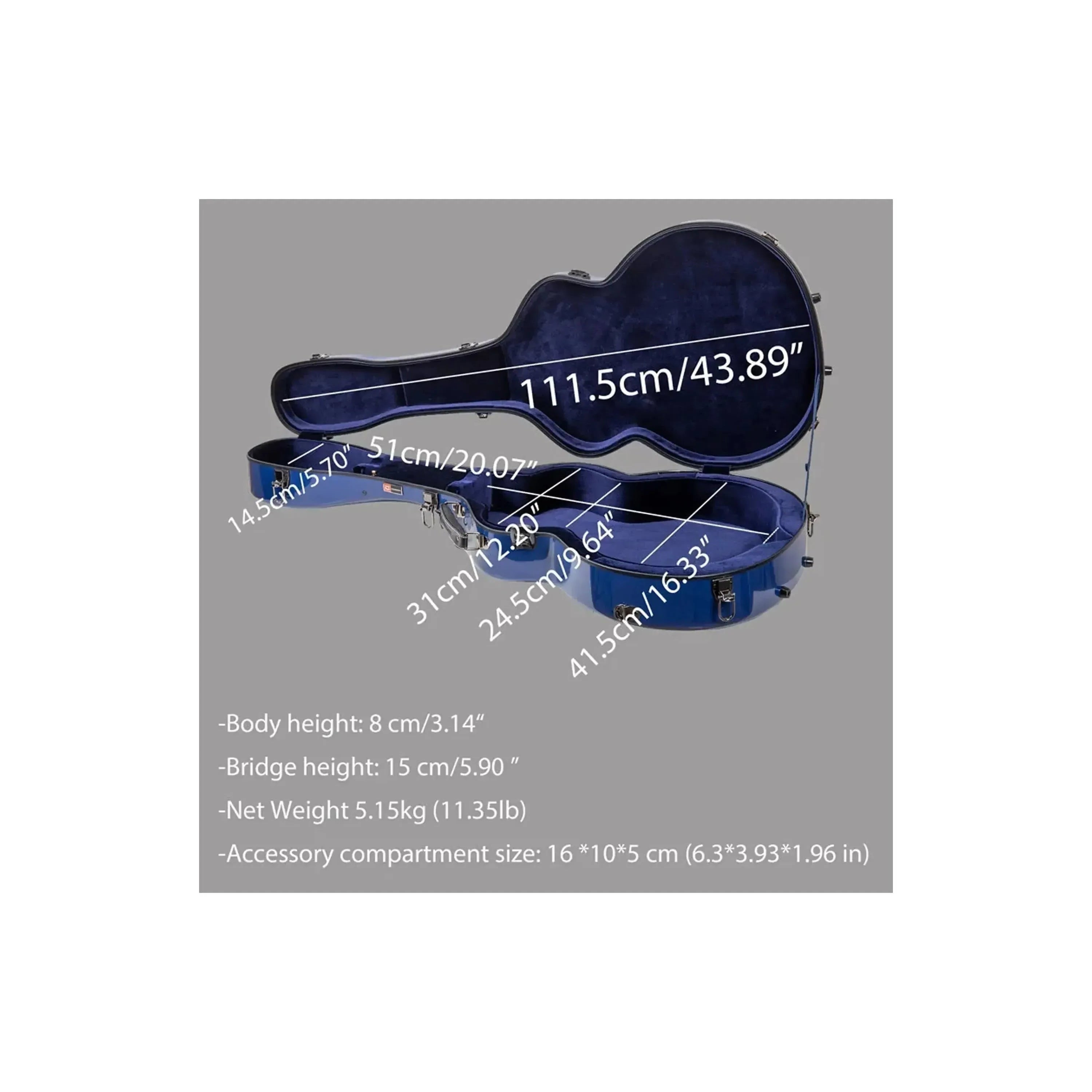 Open Crossrock CRF2020JA16 fiberglass archtop guitar case in blue, showing interior dimensions.
