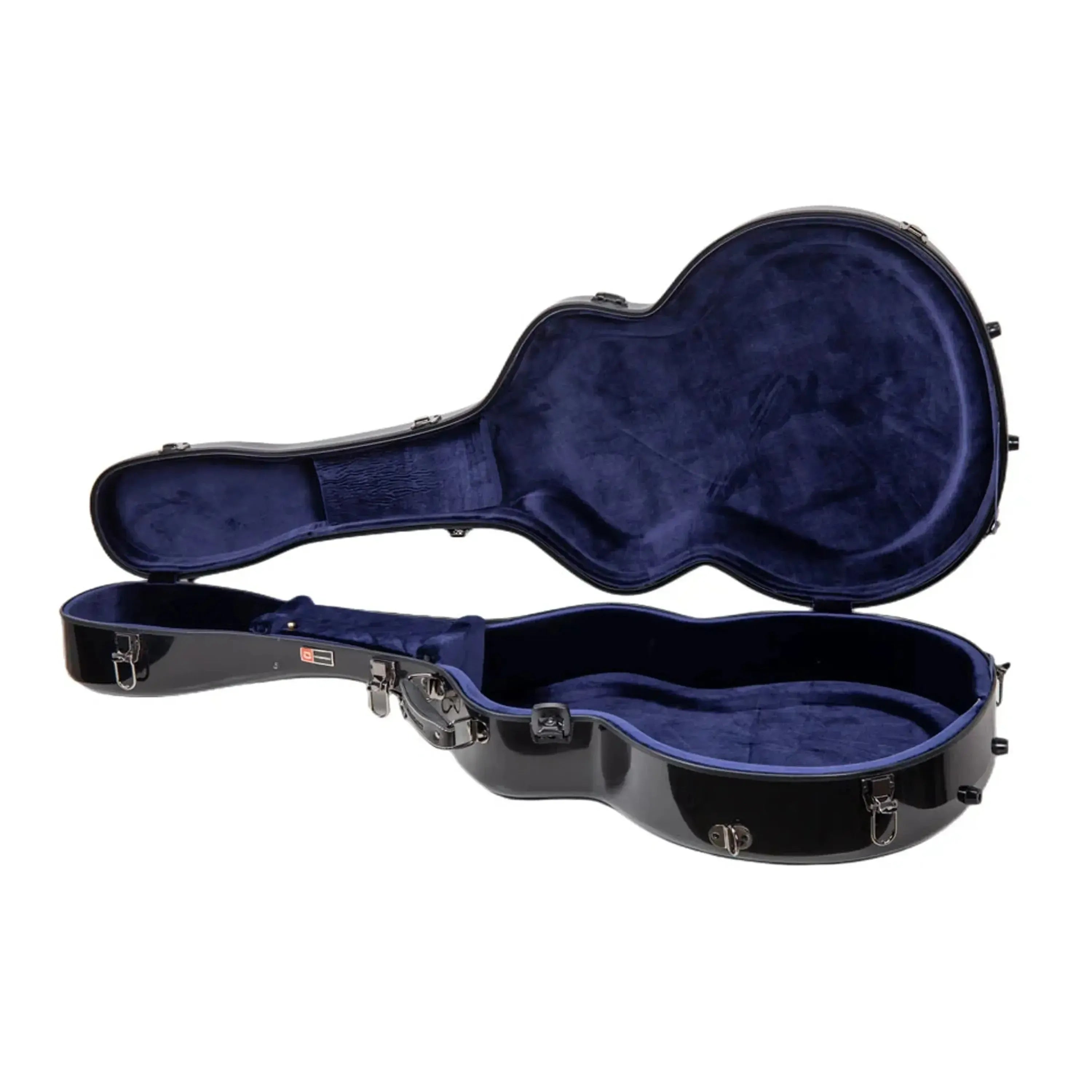 Crossrock CRF2020JA17 black fiberglass L-5 archtop guitar case, open with dark blue interior.