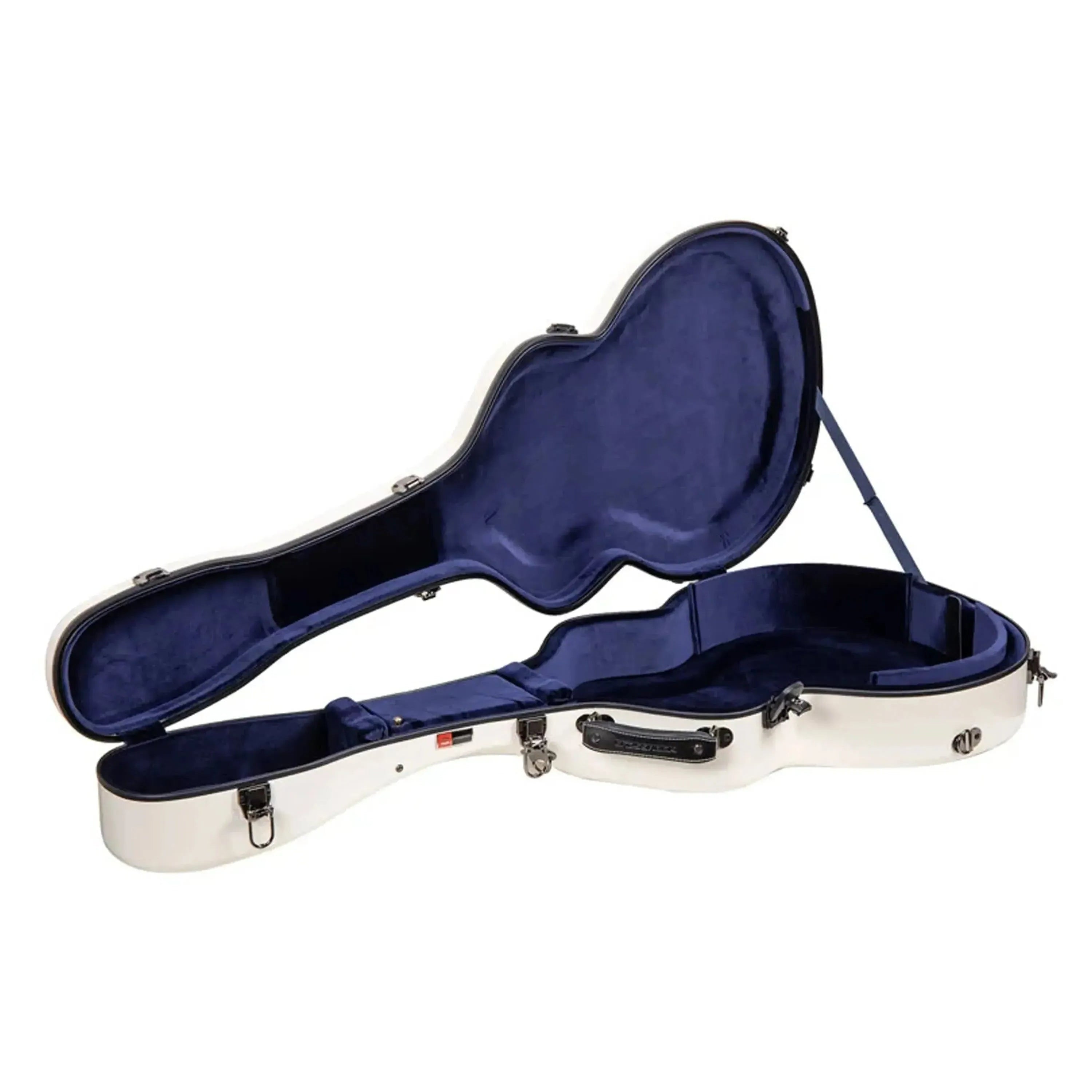 Crossrock milk-white fiberglass L-5 archtop guitar case with dark blue interior lining, open.