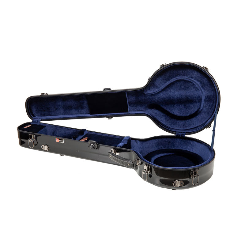Crossrock CRF2020SOBJBK black banjo case open, showing the navy-blue donut padding and neck compartments.