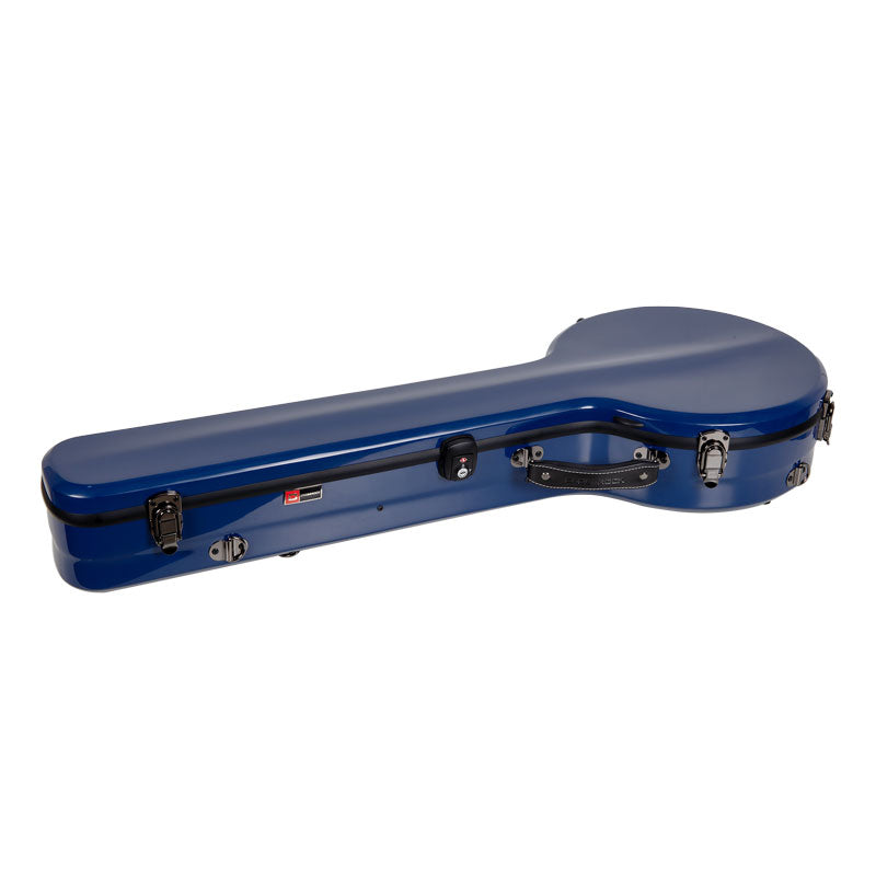 Crossrock CRF2020SOBJNVBL navy blue fiberglass banjo case lying closed, showing the latches and handle.