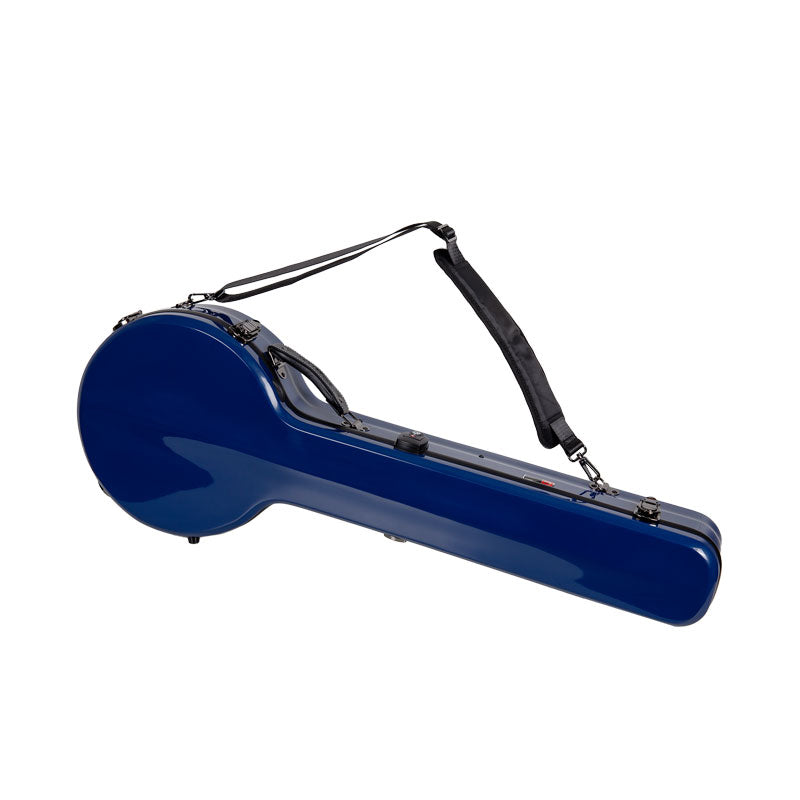 Crossrock CRF2020SOBJNVBL navy blue banjo case with a shoulder strap attached across the top.