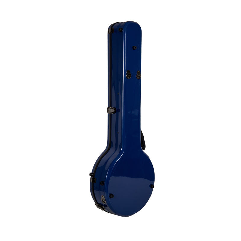 Side view of the Crossrock CRF2020SOBJNVBL navy blue fiberglass banjo case standing upright.