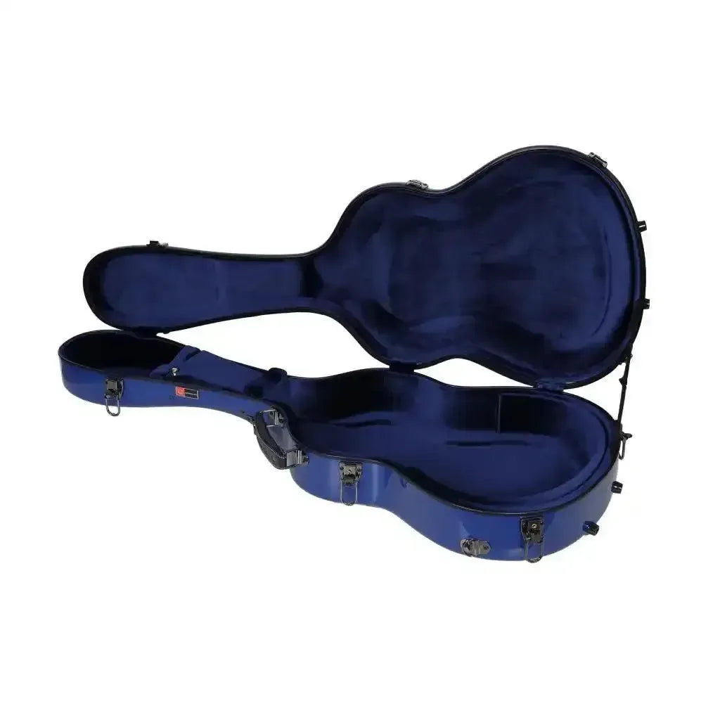 Open Crossrock CRF2021C full-size classical guitar case in blue fiberglass with blue velvet interior.