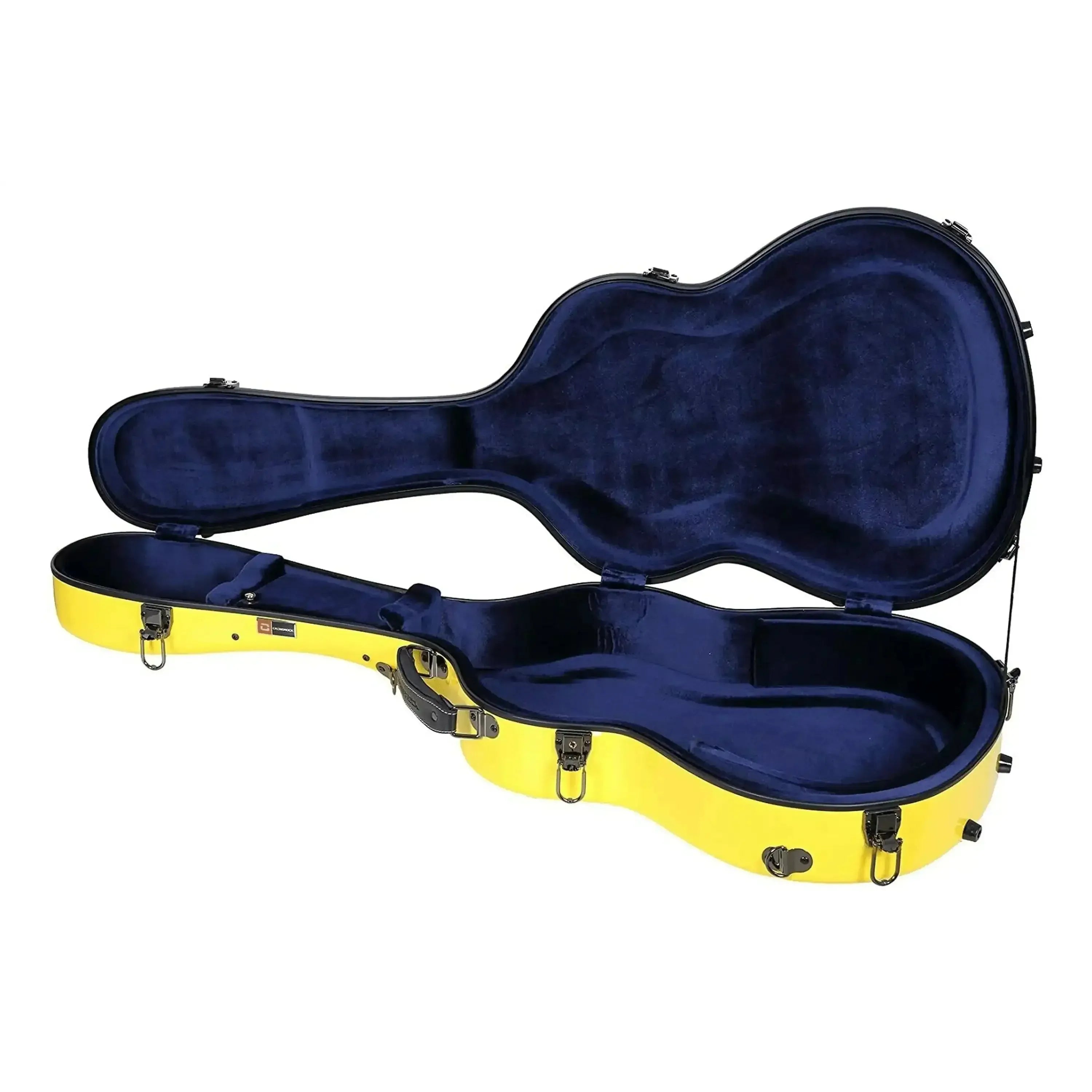Crossrock full-size yellow fiberglass classical guitar case with blue velvet interior.