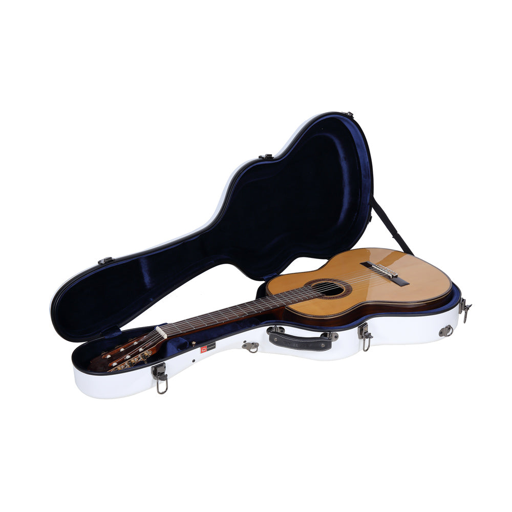 Crossrock CRF2021CWT white case open with a classical guitar resting in the navy-blue interior.