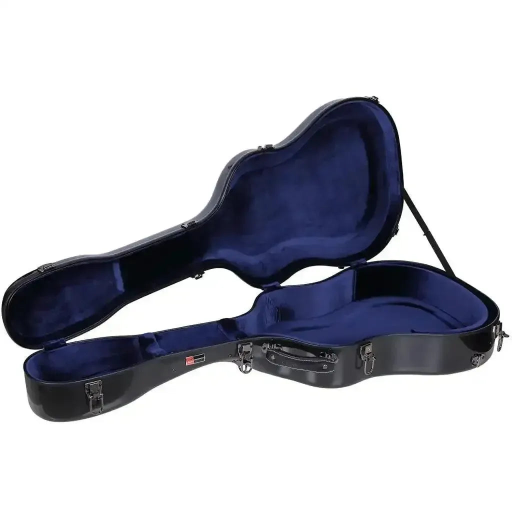 Crossrock black fiberglass dreadnought guitar case, open with plush blue interior.