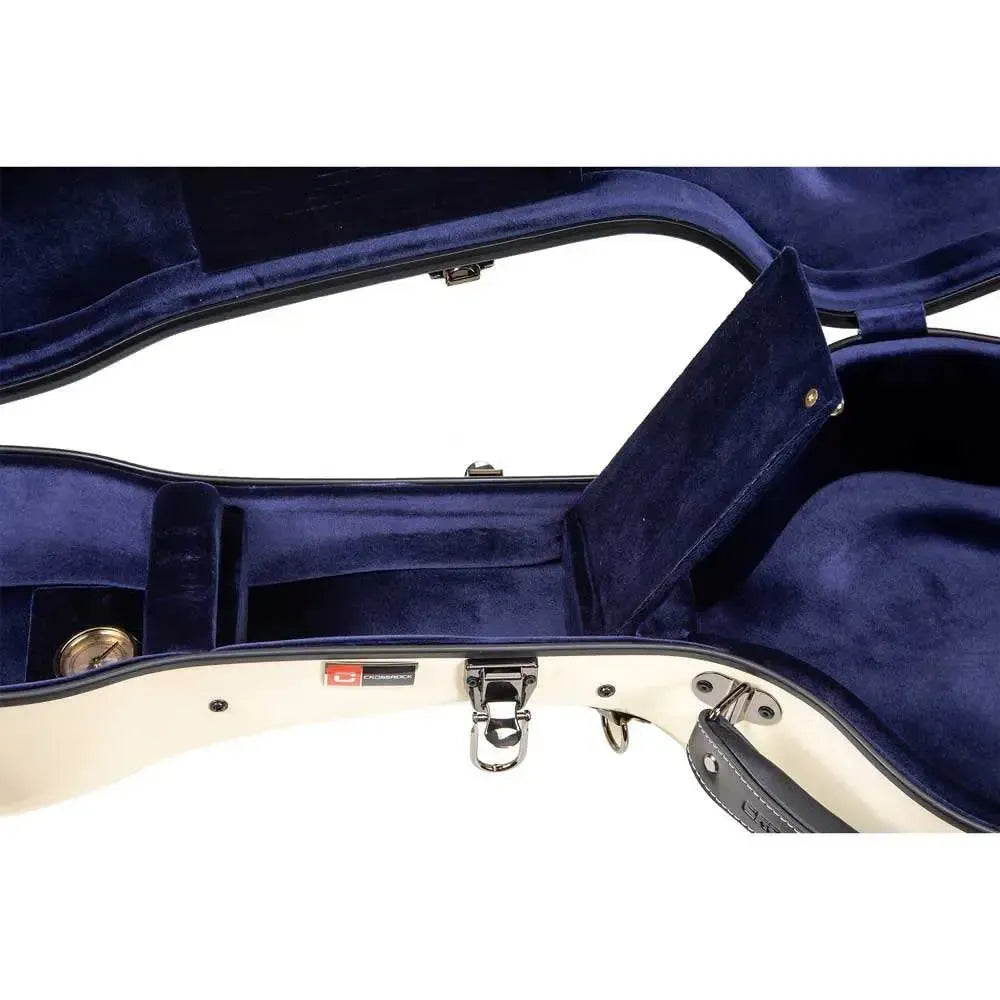 Crossrock CRF2021DIV ivory fiberglass dreadnought guitar case, open with blue velvet interior.