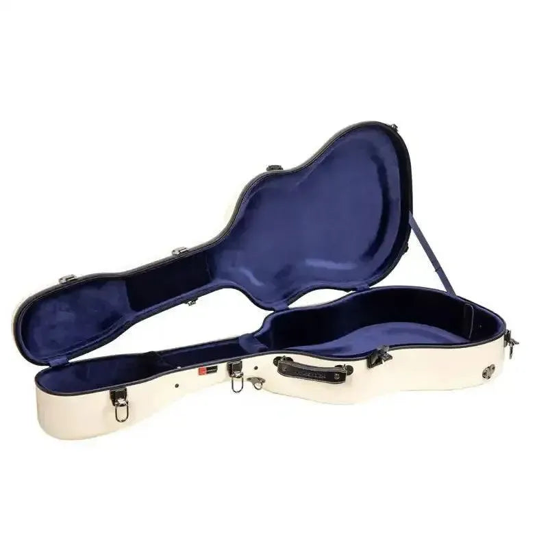 Crossrock CRF2021DIV ivory fiberglass dreadnought guitar case, open with blue velvet interior.