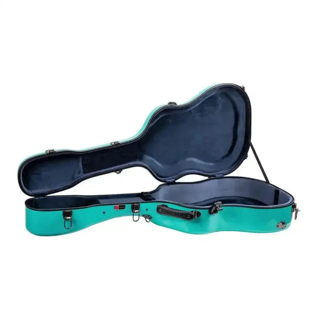 Crossrock CRF2021DMB acoustic-dreadnought fiberglass guitar case in mint blue, open.