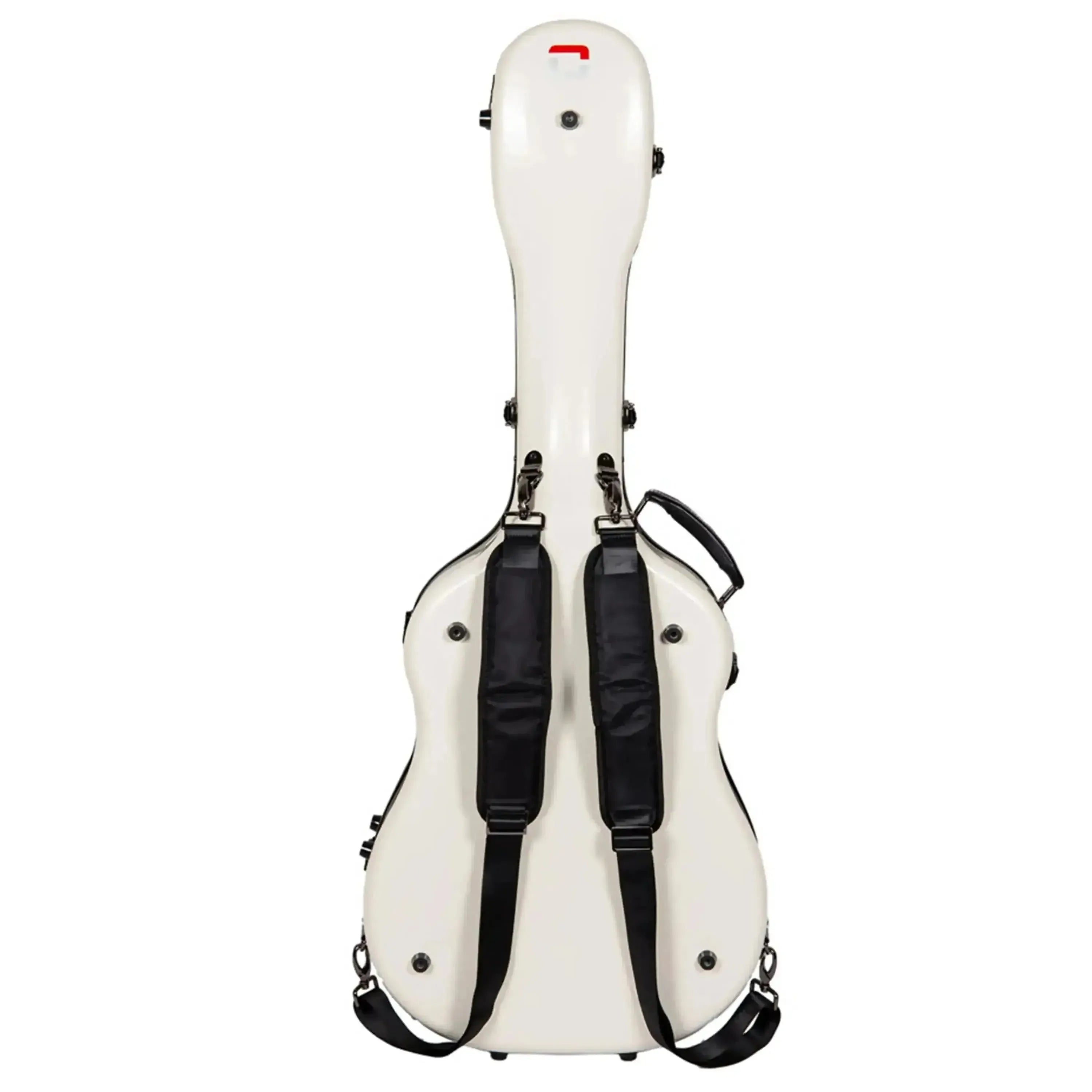 Crossrock CRF2021DMW milk white fiberglass dreadnought acoustic guitar case with black backpack straps.