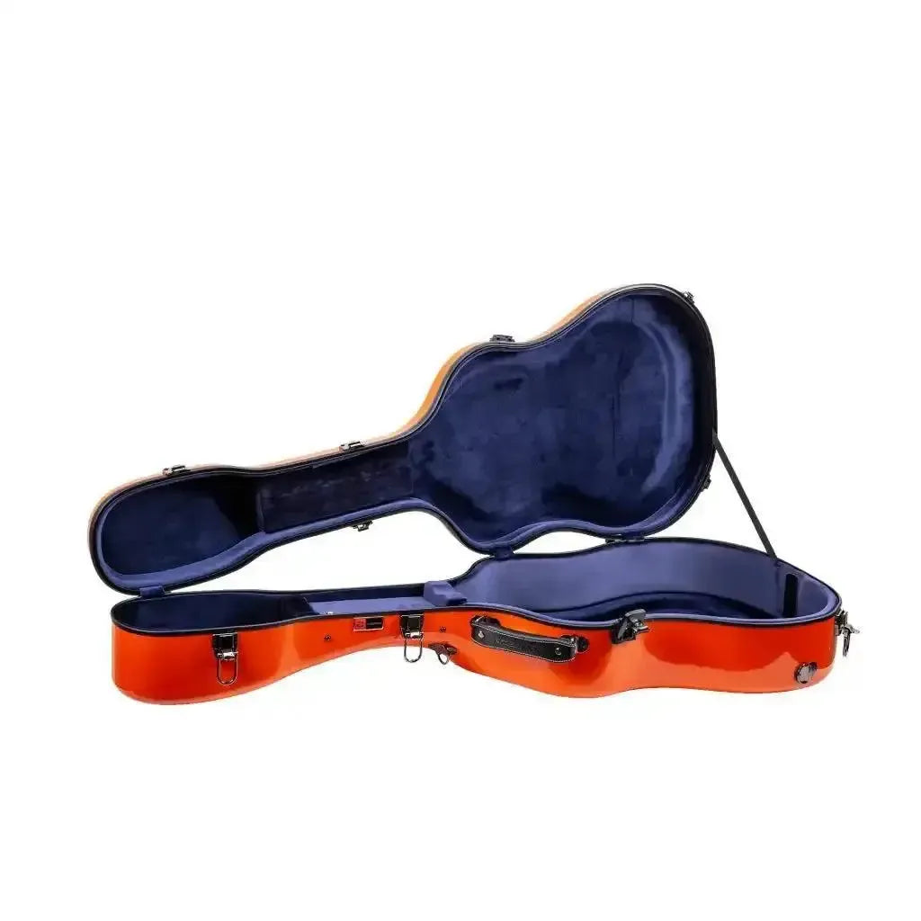Crossrock CRF2021DOR dreadnought fiberglass guitar case in glossy orange with blue velvet interior.