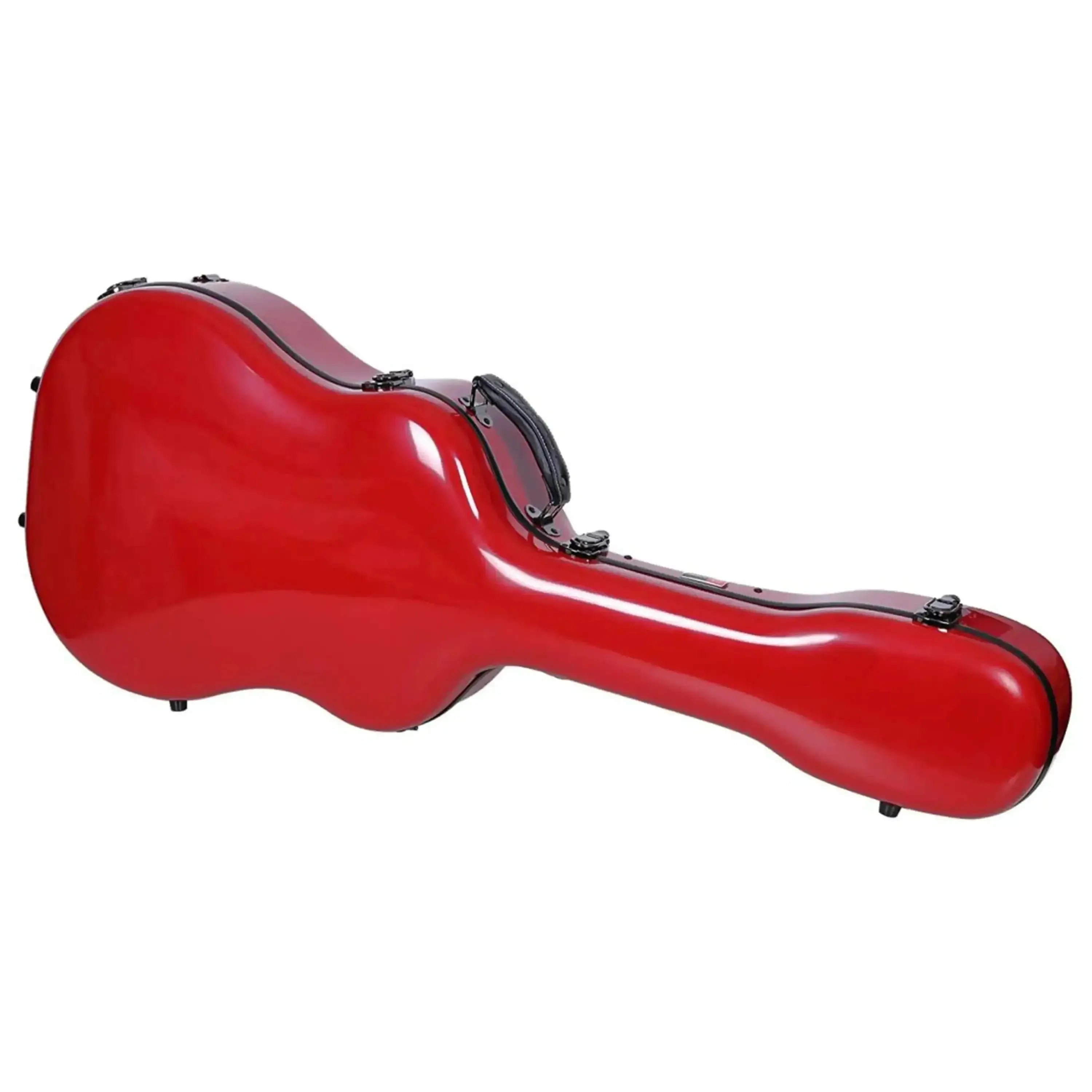 Crossrock red fiberglass acoustic-dreadnought guitar case with black trim and handle.