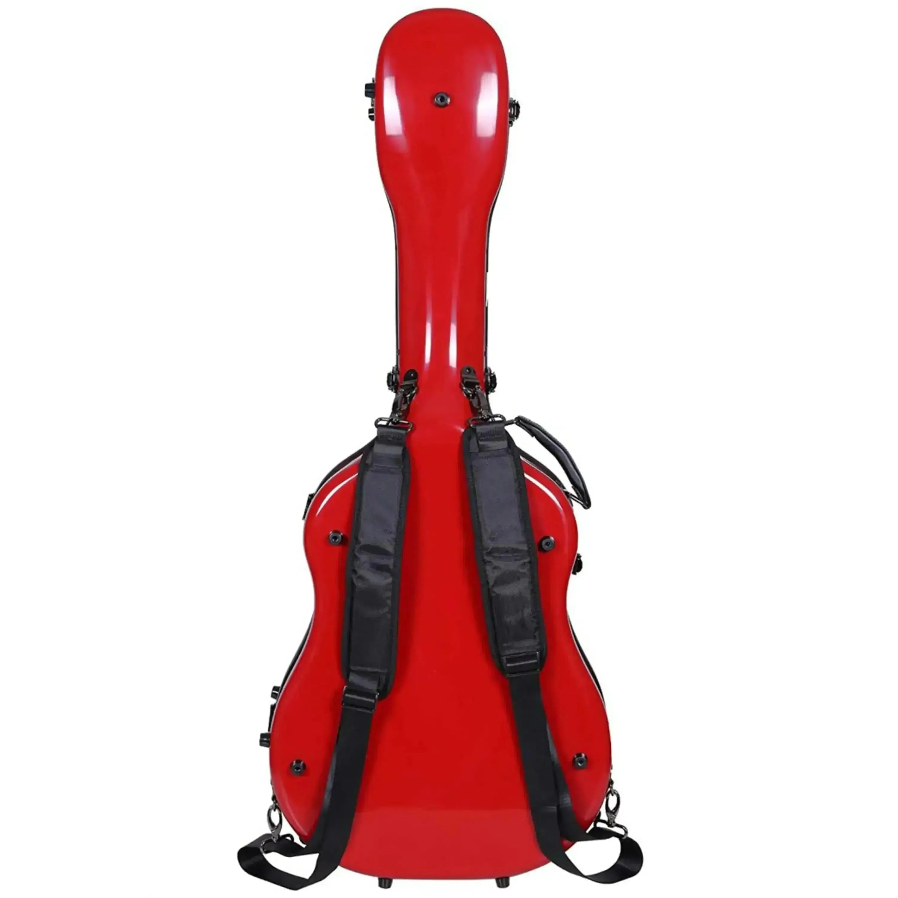 Red Crossrock fiberglass acoustic-dreadnought guitar case with black padded backpack straps.