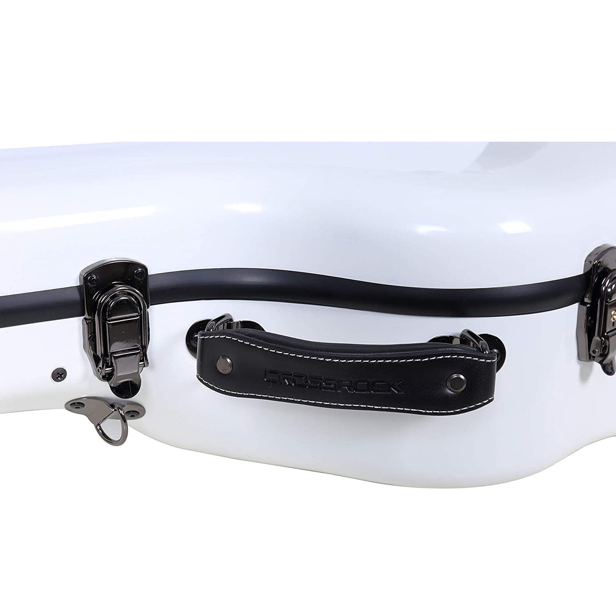 Close-up of the black leather handle and latches on the Crossrock CRF2021DWT white fiberglass case.