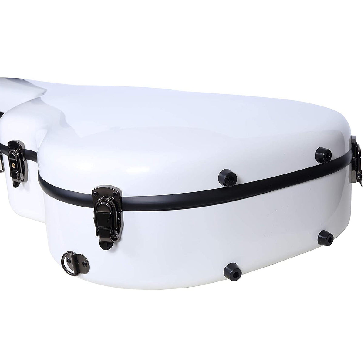 Close-up of the lower bout of the Crossrock CRF2021DWT white case with black latches and protective feet.