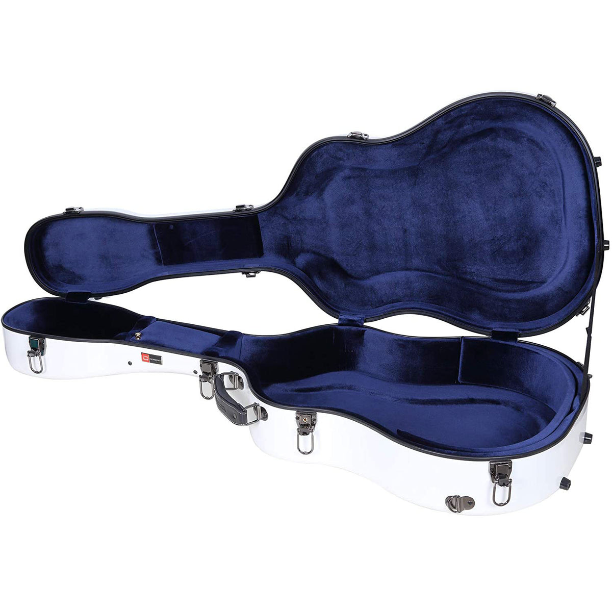 Crossrock CRF2021DWT white dreadnought case open, showing the navy-blue plush suspension interior.