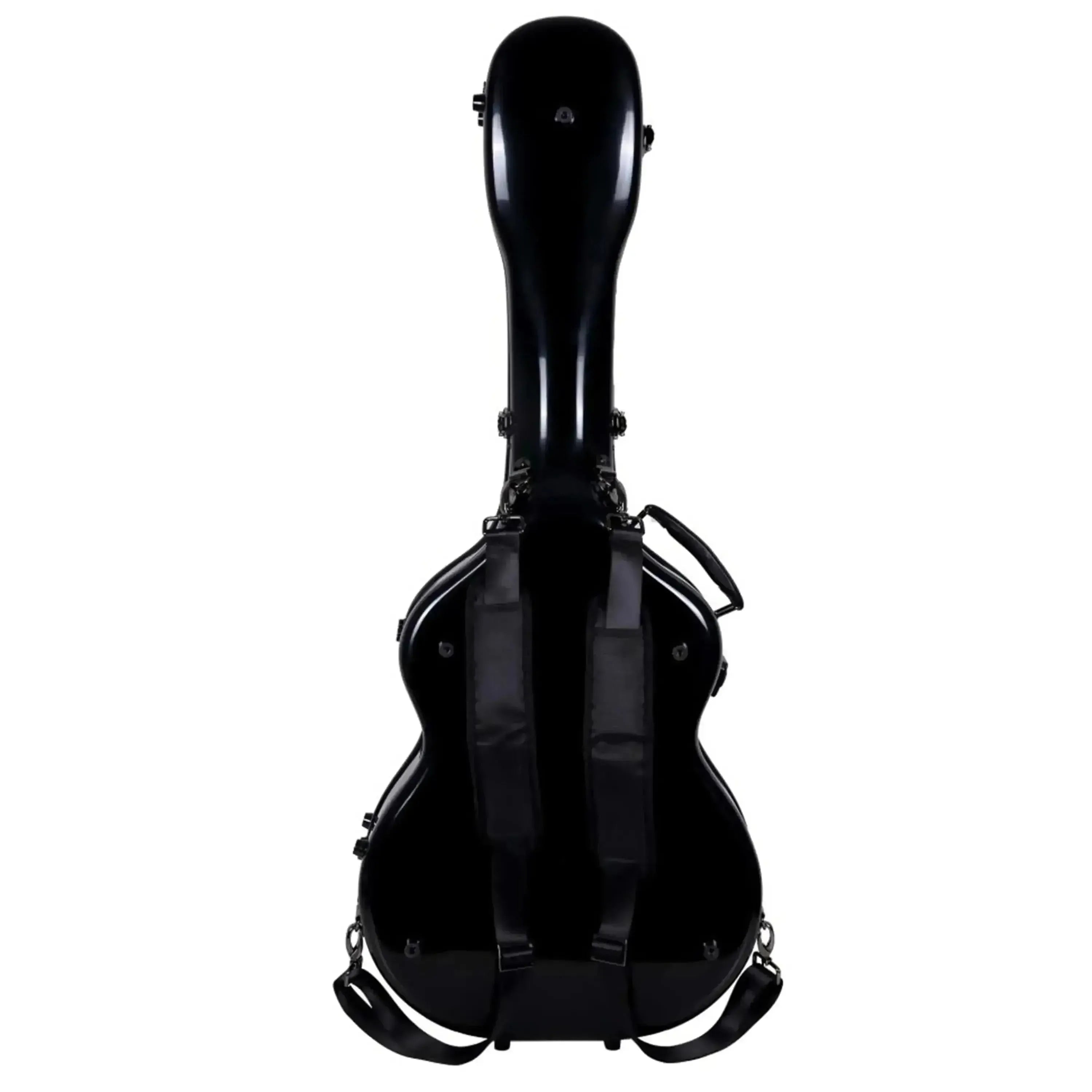 Crossrock black fiberglass acoustic guitar case for Martin OM/000 with backpack straps.