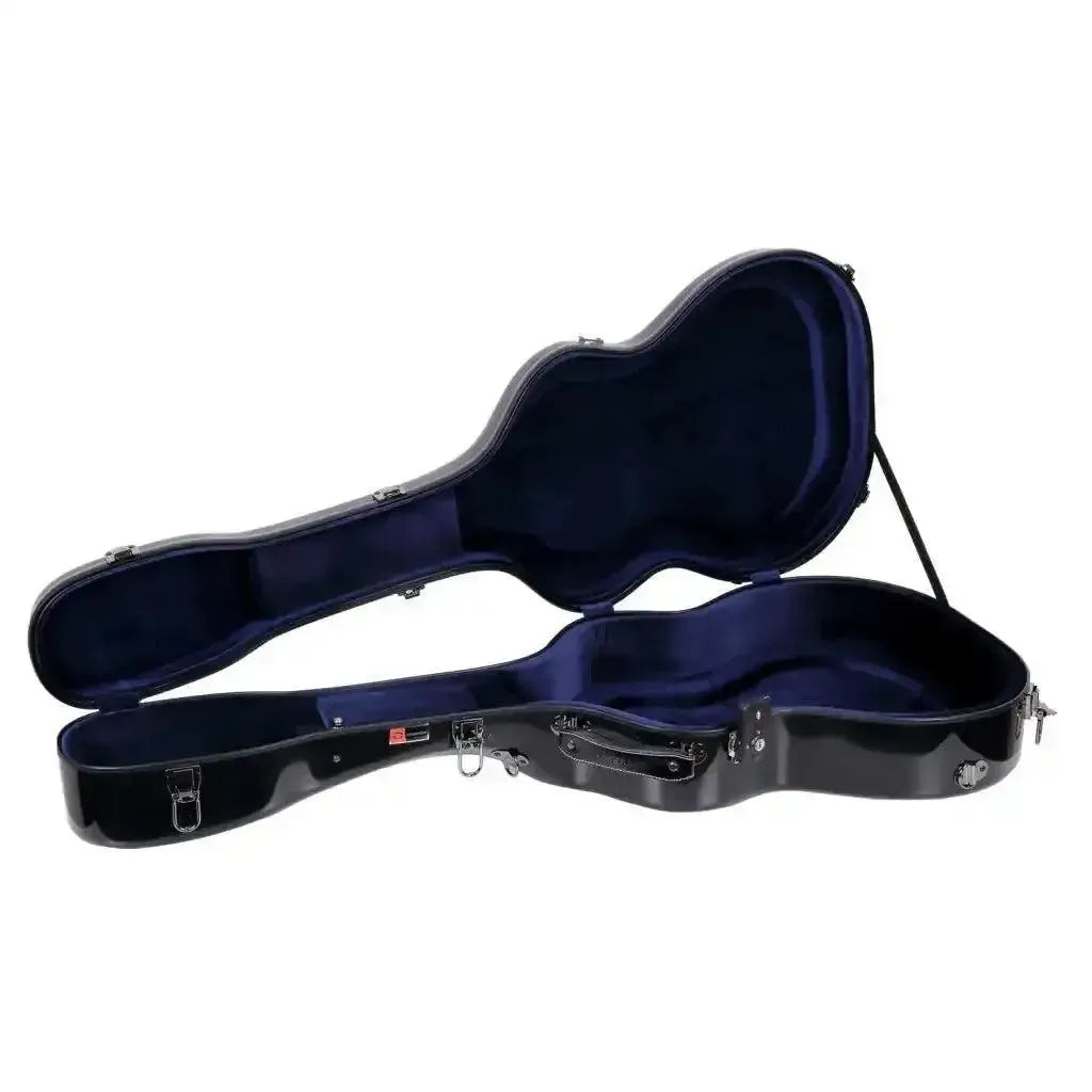 Crossrock black fiberglass acoustic guitar case with blue interior lining, open and ready for a Martin OM/000.