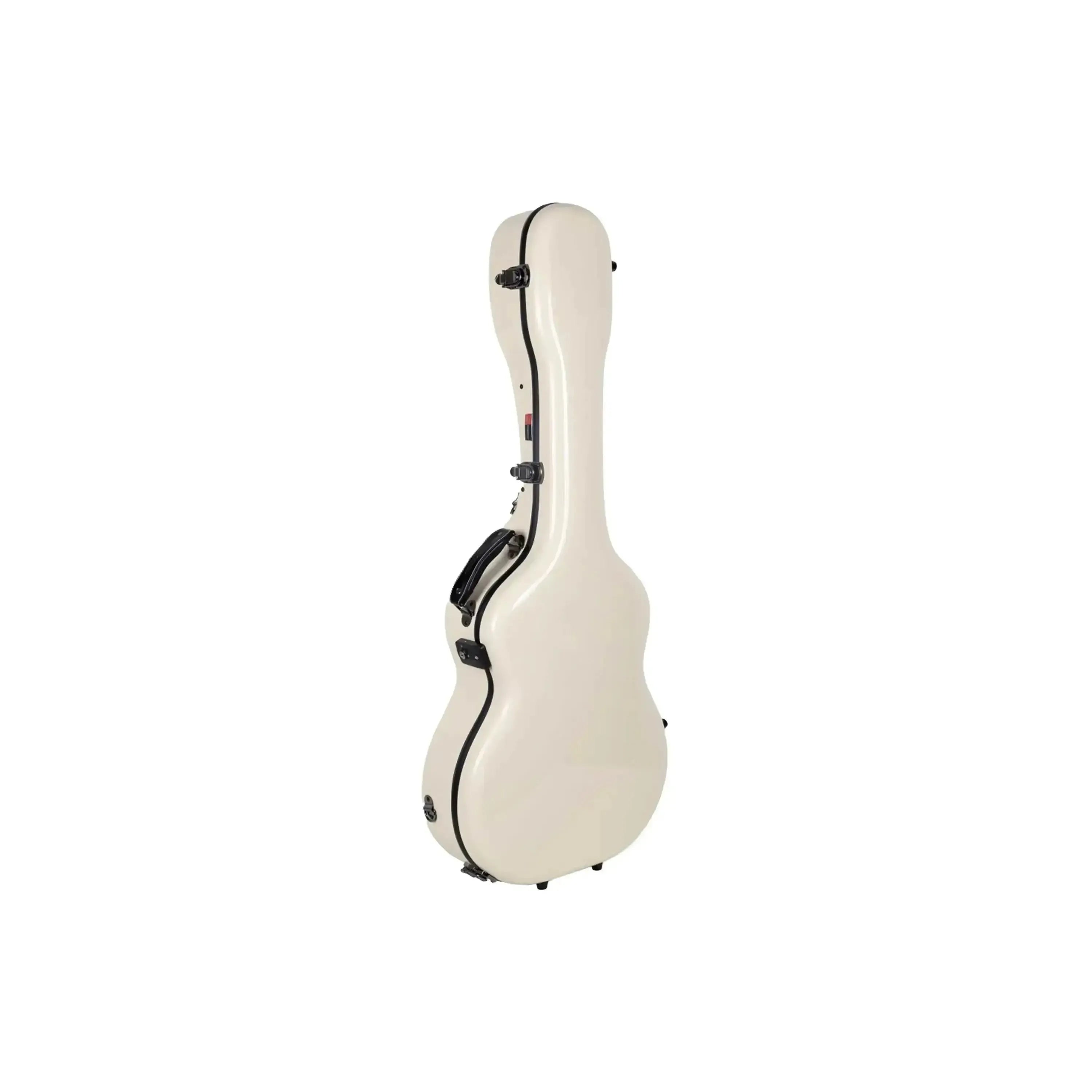 Crossrock ivory fiberglass acoustic guitar case for Martin OM/000 models, with black latches and handle.