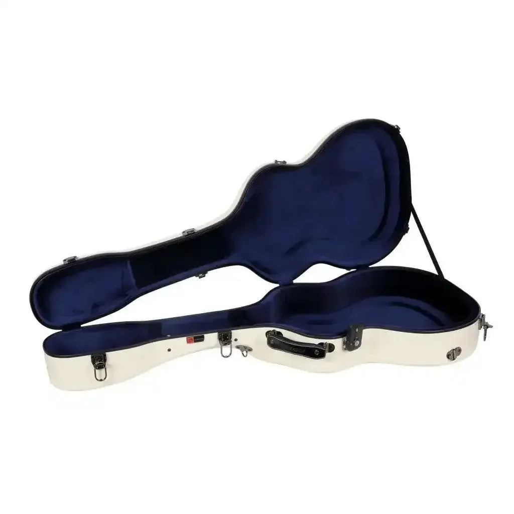 Crossrock ivory fiberglass acoustic guitar case for Martin OM/000, open with blue plush interior.
