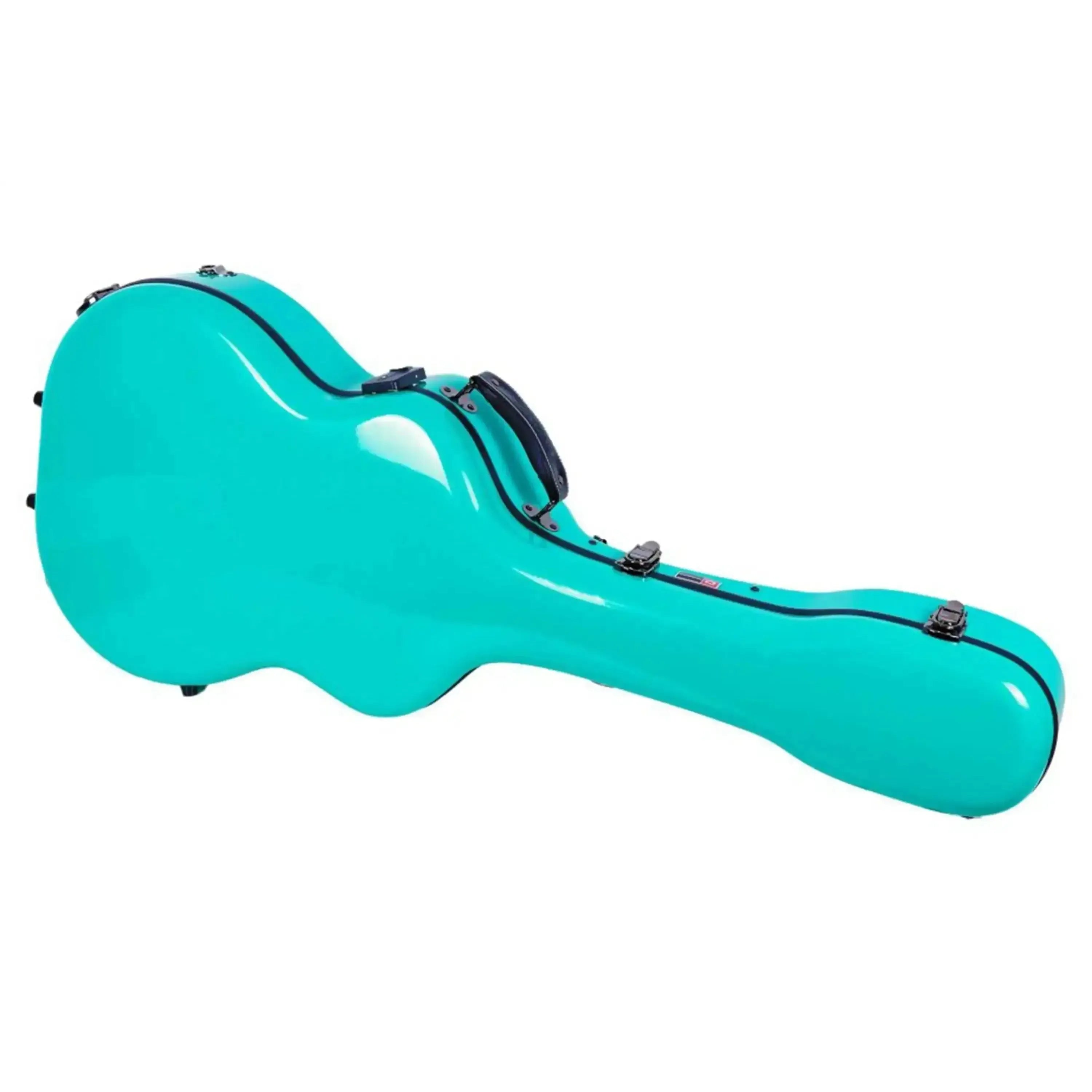 Crossrock mint blue fiberglass acoustic guitar case for Martin OM/000 models, with black trim and latches.
