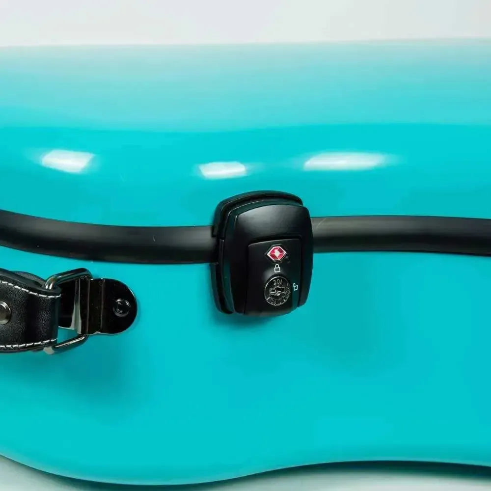 Crossrock CRF2021OMMB acoustic guitar fiberglass case in mint blue with a black TSA lock and handle detail.